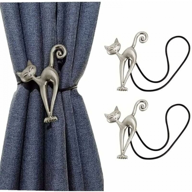 Fermatenda Magnetici A Forma Di Gatto - 2 Pezzi In Metallo Argento, Clip Per Tende Senza Fori, Accessori Per Camera Da Letto E Soggiorno - 6