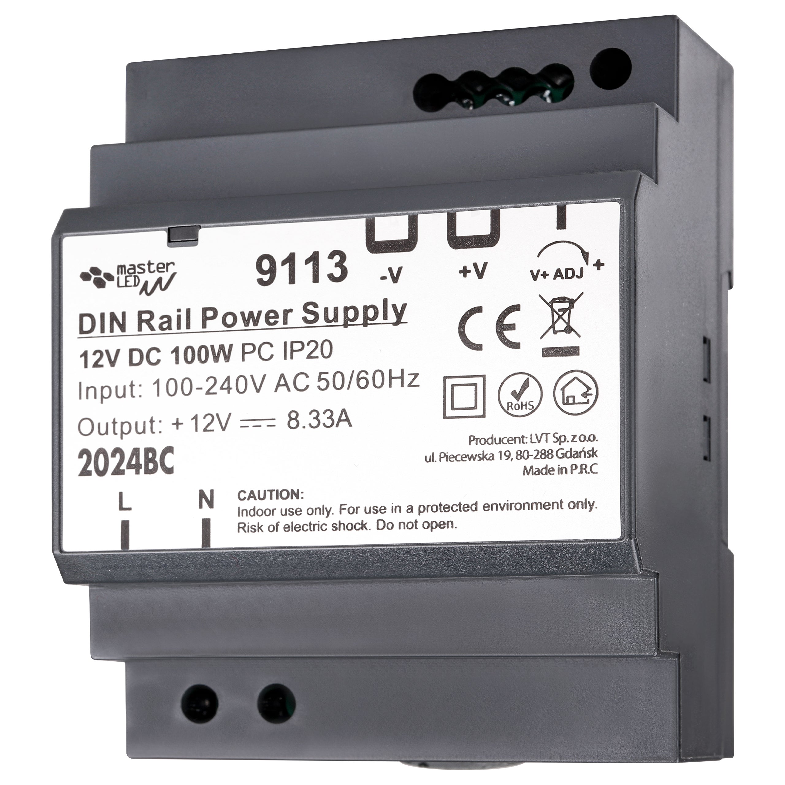 Zasilacz na szynę DIN 12V 100W 8.33A IP20 70x58.5x92.5mm klasa II MasterLED