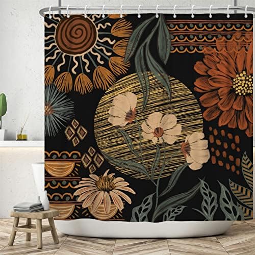 Zasłona prysznicowa w stylu boho, 180x200 cm, abstrakcyjna sztuka retro z czarnym wzorem kwiatów i liści, mała, zmywalna zasłona prysznicowa z materia