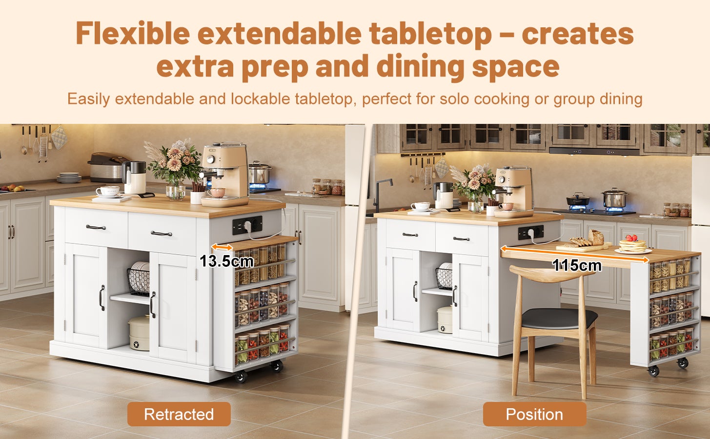 Isola da cucina mobile 142-340 cm, 2 piani estensibili, 2 cassetti, ruote, MDF bianco - 2