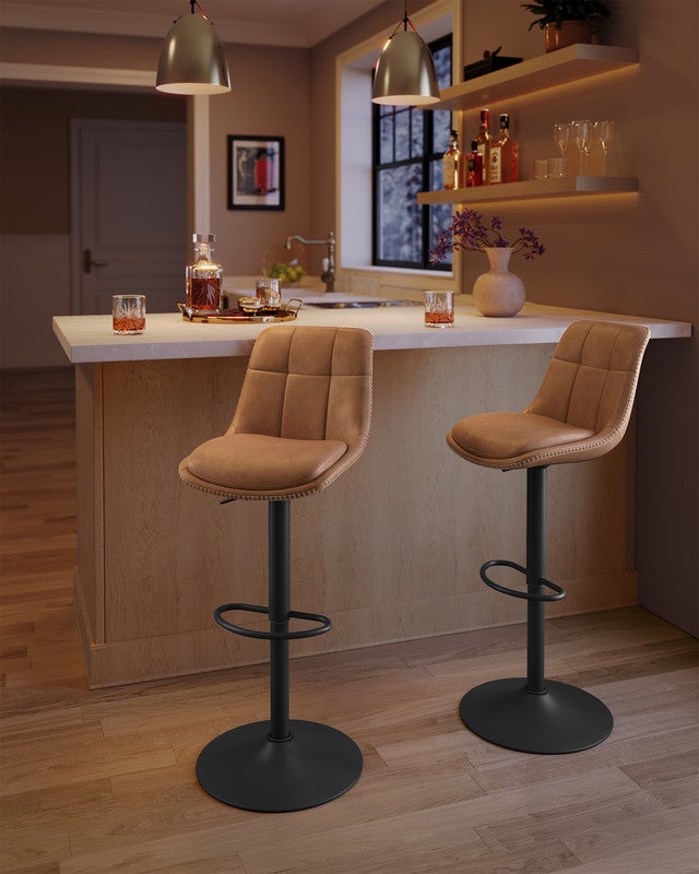 Tabourets de Bar, Lot de 2, Siège Pivotant à Hauteur Réglable, Matelassé, avec Dossier et Repose-Pieds, Marron Caramel - 2