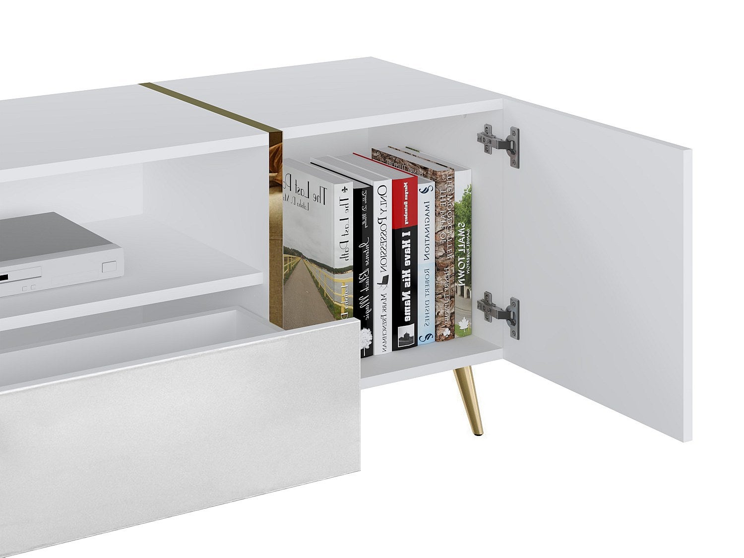 Móvel de TV com 2 portas, 1 gaveta e 1 nicho branco brilhante e dourado - MARZIALO - 6