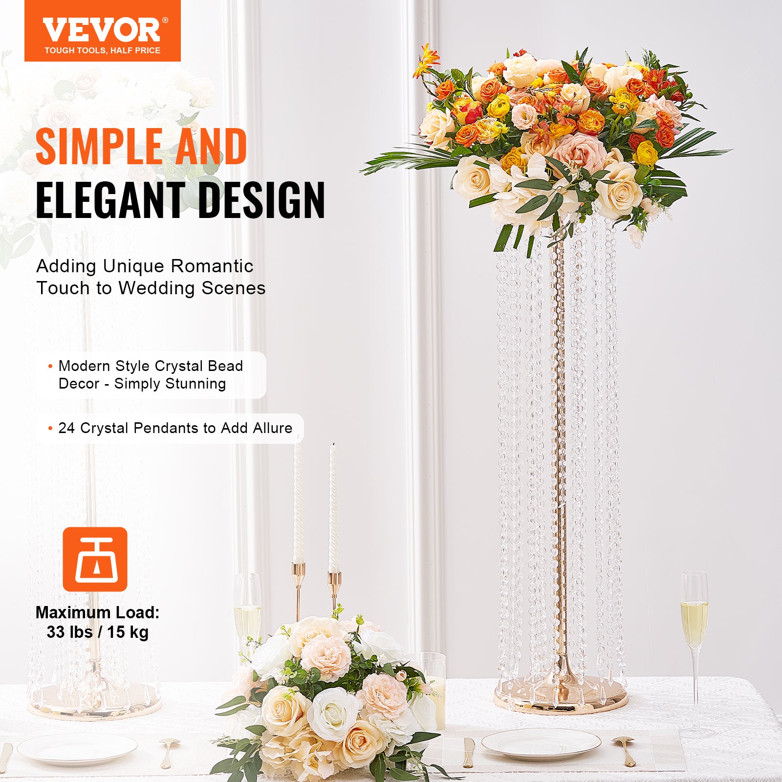 10PCS Support Fleurs de Mariage VEVOR 90 cm Porte-fleurs en Cristal Centre de Table Mariage Luxueux Vase Métal Doré Présentoir Floral pour Réception - 2