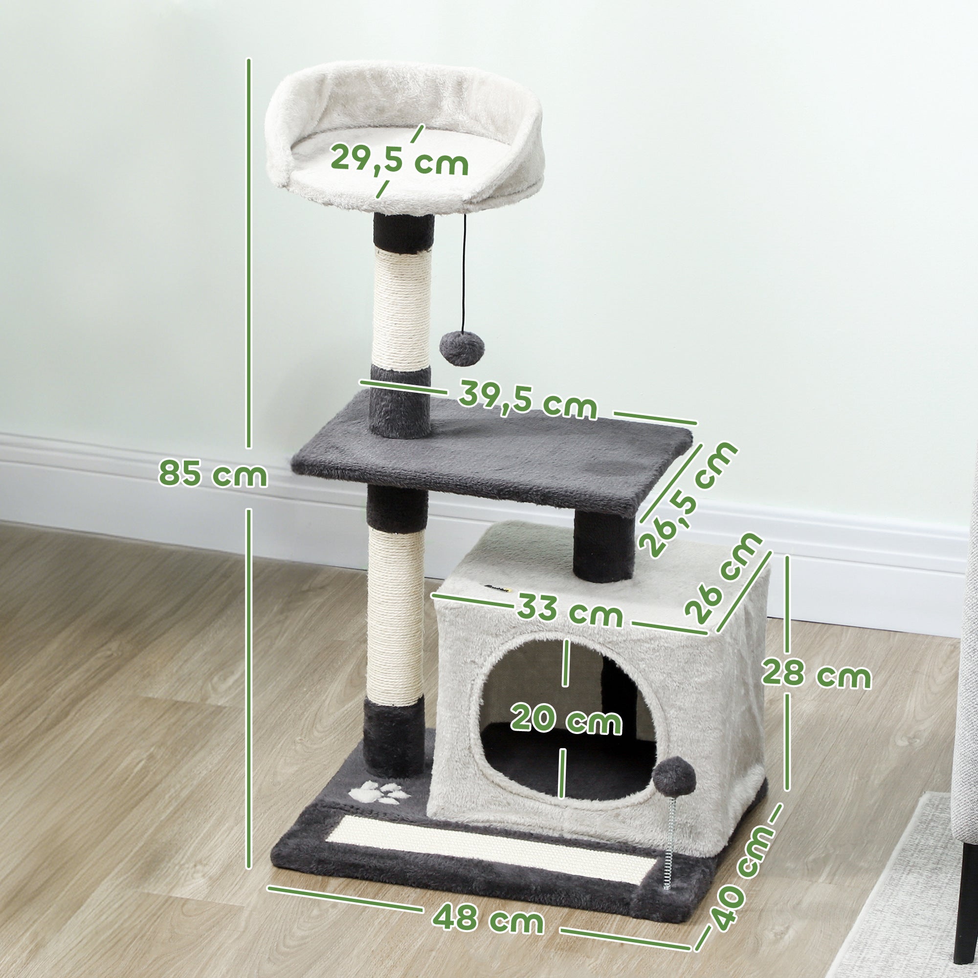Arranhador para Gatos 85cm Torre Escalada Plataformas Caverna Sisal Cinza - 2