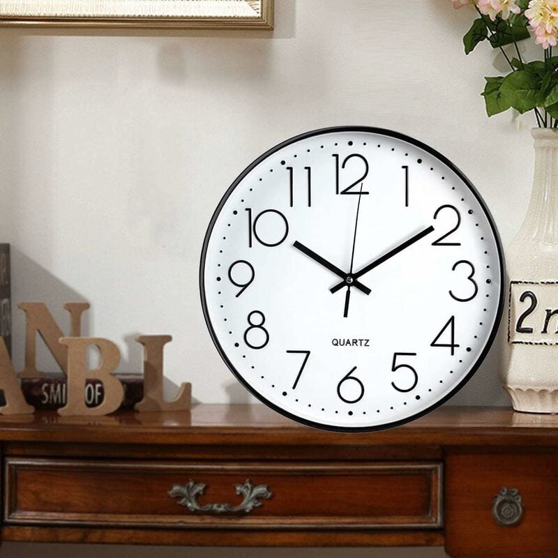 Horloge Murale Moderne de 12 Pouces, Horloge de Cuisine à Quartz Silencieuse à Piles Ronde Facile à Lire pour la Maison/Bureau/École, Noir,blanc - 4