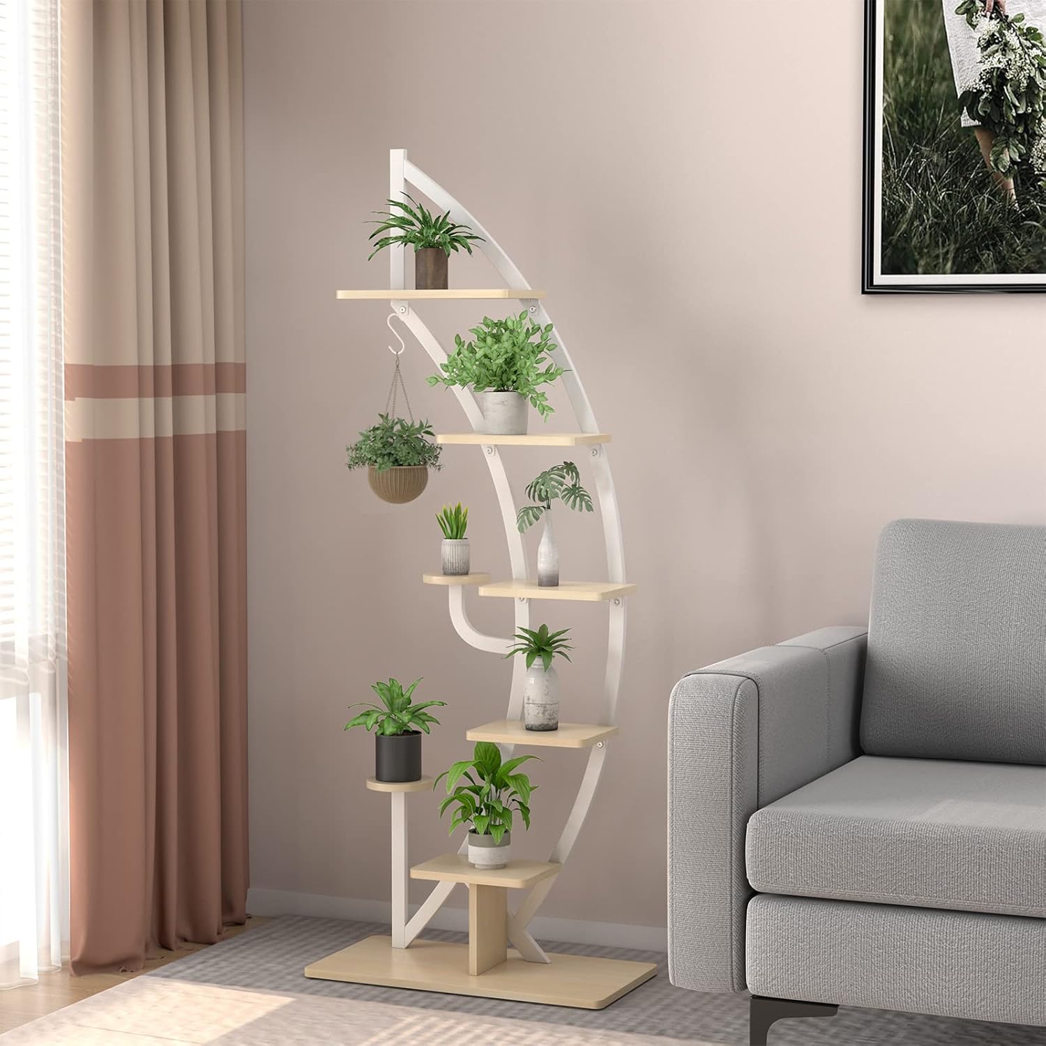 Support de Plante en Métal à 7 Niveaux avec Crochet, en Forme Demi-lune avec Dispositif Anti-renversement 60 x 30 x 155 CM, Blanc (2 pièces) - 9
