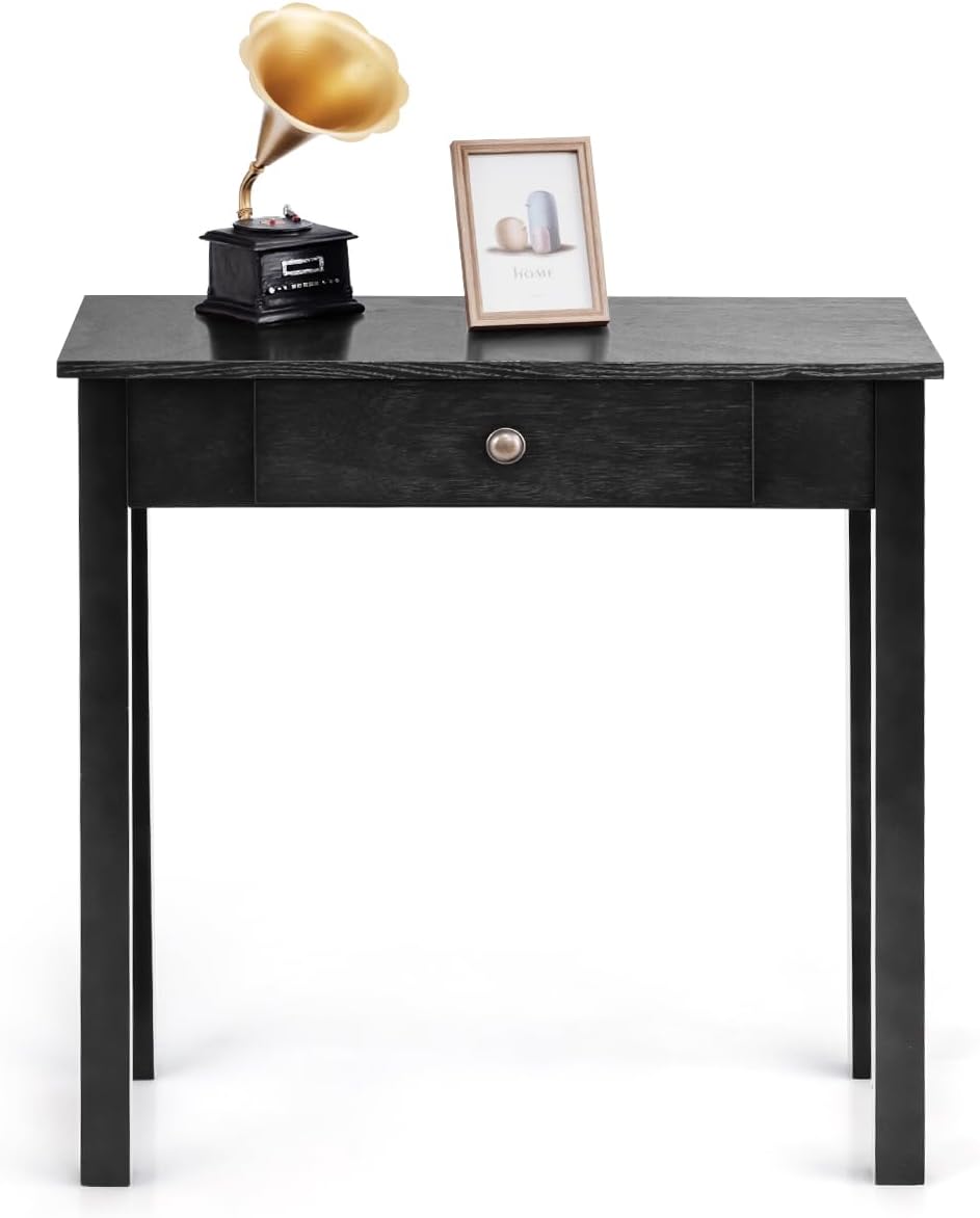 Stolik Konsolowy z Szufladą, Drewniana Konsola, 71 x 30 x 71 cm, Mała Konsola do Przedpokoju z Nogami z Drewna Sosnowego, Styl Vintage (Czarny)