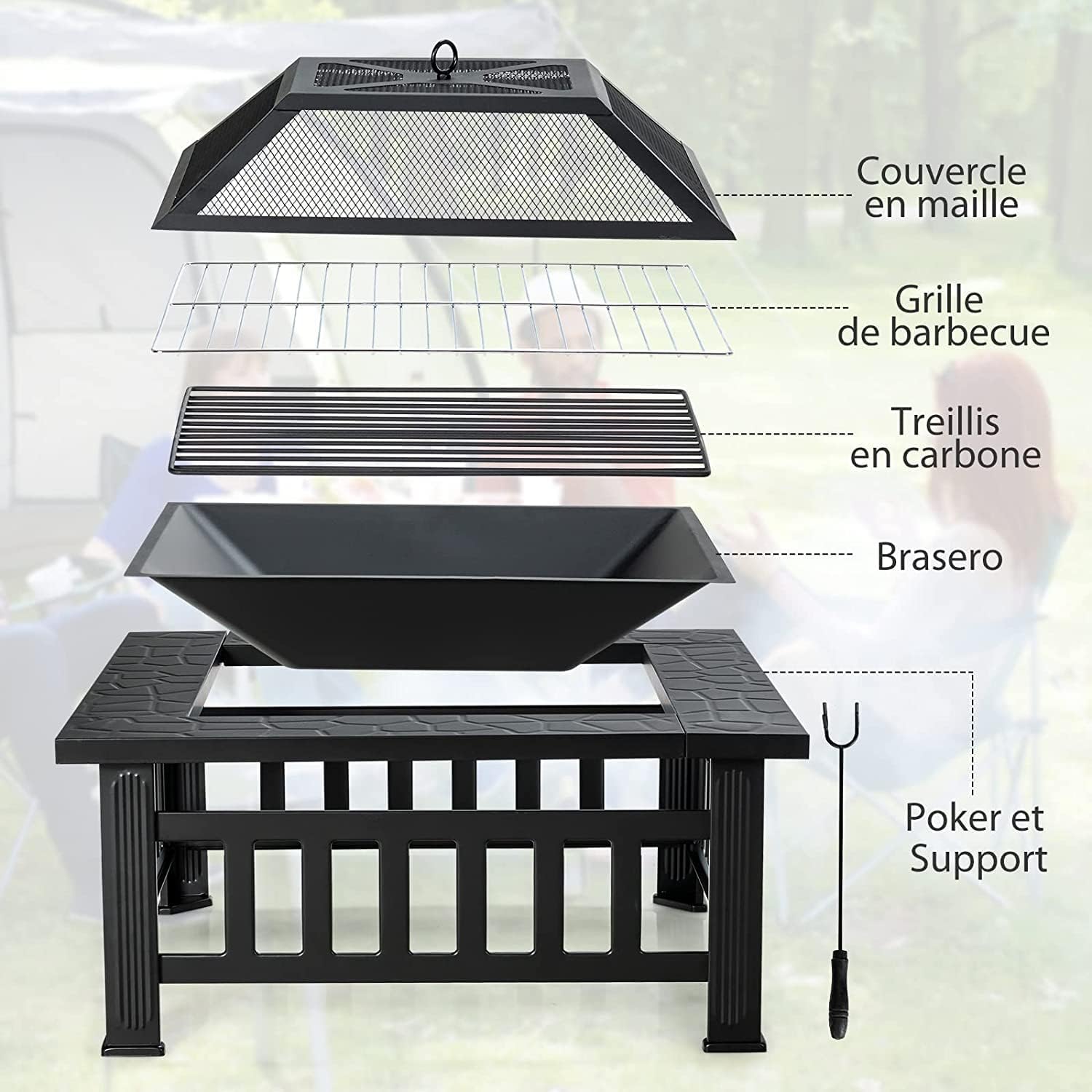 Brasero de Jardin Carre en Fer,Table de Foyer Maille et Couvercle Pare-etincelles avec Tisonnier Long,81x81x50cm - 5