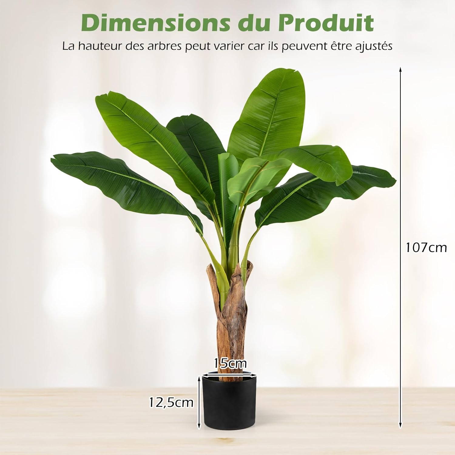 Conjunto de 2 árvores artificiais de ave-do-paraíso de 107 cm, plantas artificiais com folhas de bananeira com vaso e ramos ajustáveis para casa ou al - 3