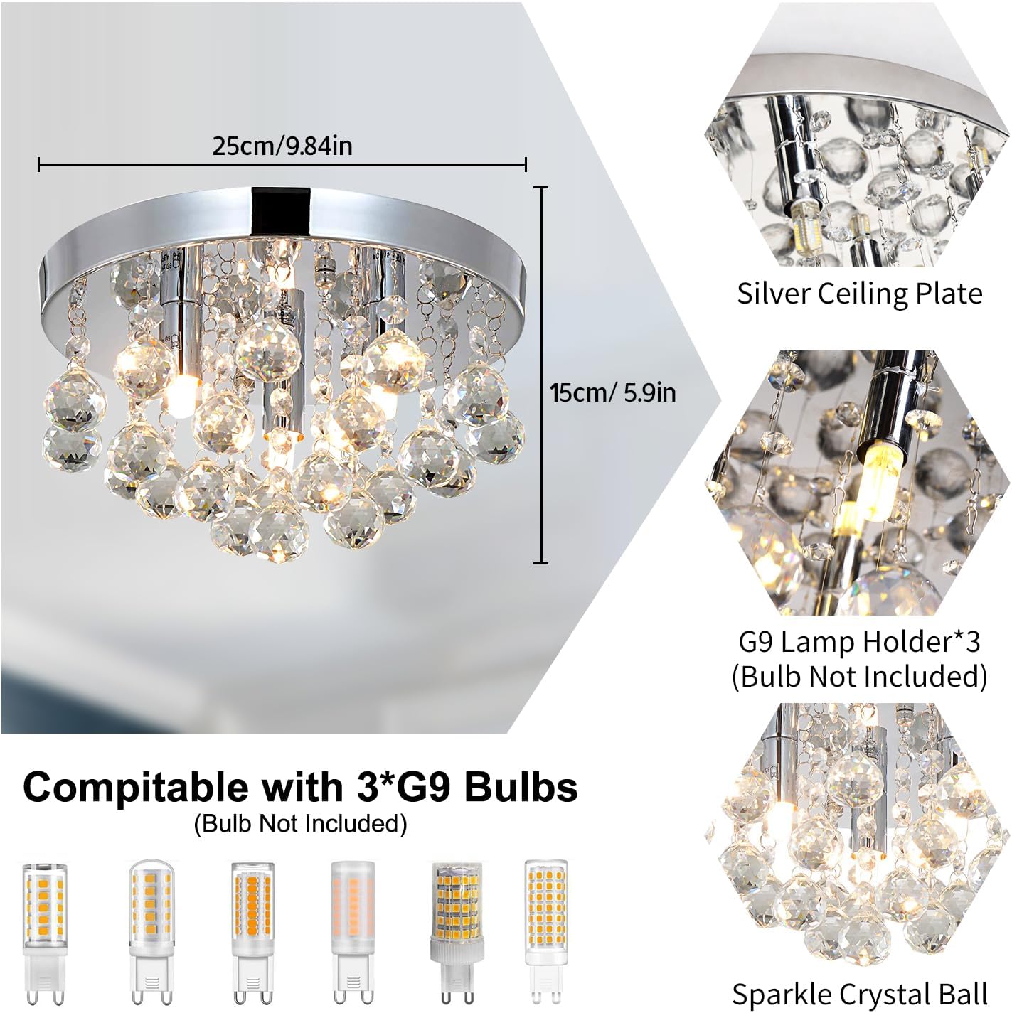 Lustre design en cristal avec structure chrome. Suspension élégante pour salon ou salle à manger. Sans ampoule. - 7
