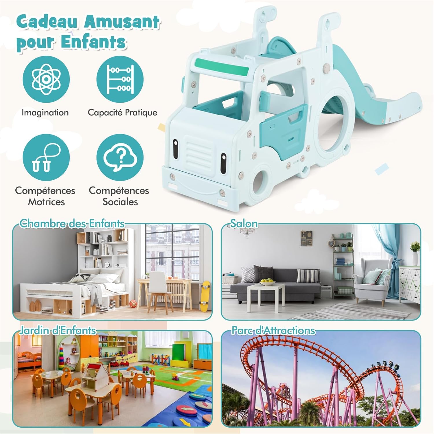 3 en 1 Toboggan Interieur Exterieur Enfants Pliable, Thème Voiture Bebe avec Rampes Surélevées, Volant Simulé, pour 1,5 Ans, Charge 30KG - 5