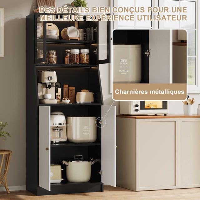 Armoire de Cuisine Colonne 180cm, Buffet avec Éclairage, Étagères Réglables, Plan de Travail et Portes en Verre Transparent, 70x40x180cm - 8