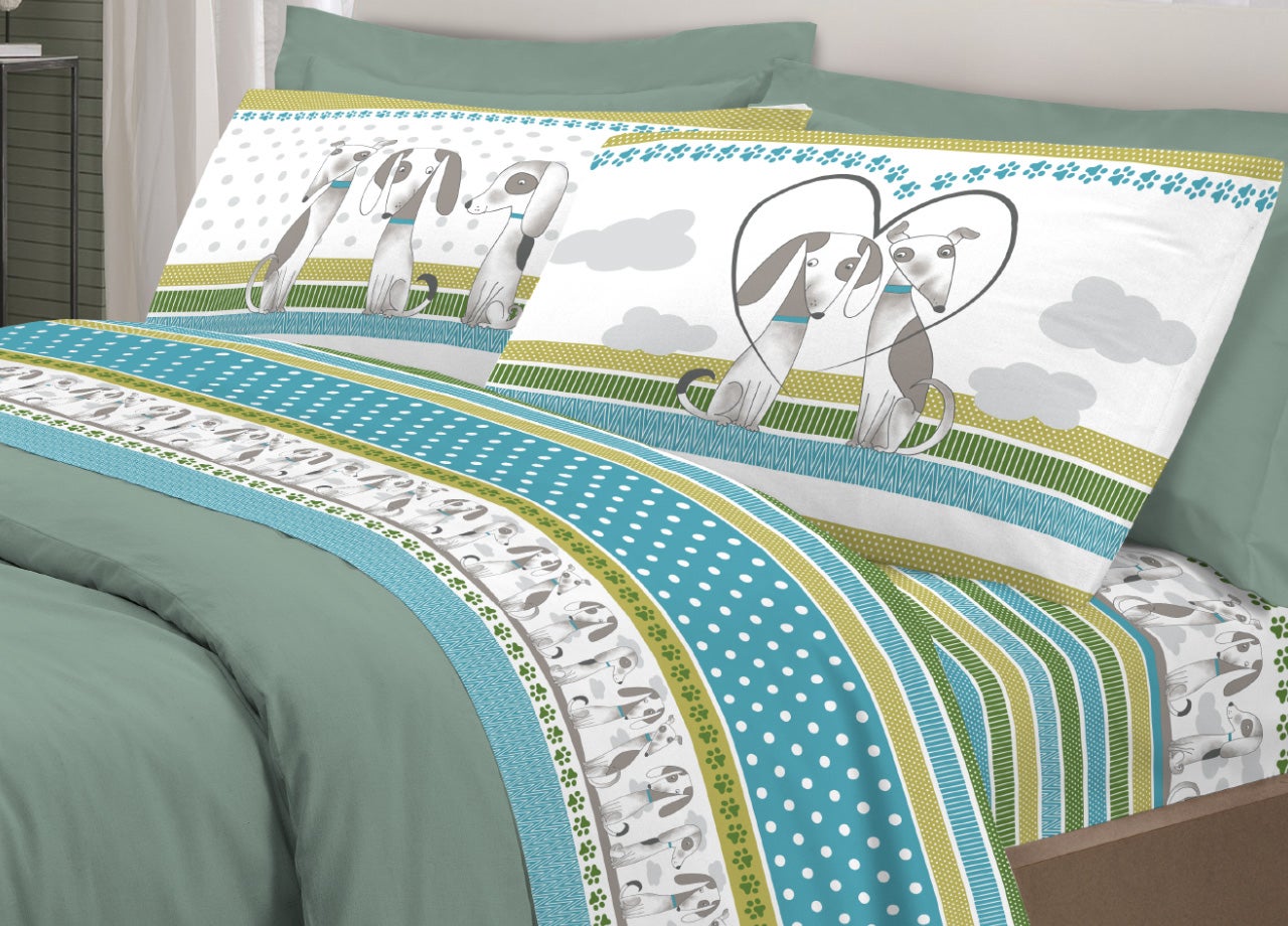 Completo Lenzuola Letto Pensieri Delicati 100% Cotone Disegno Happy Cat Matrimoniale Verde | Leroy Merlin