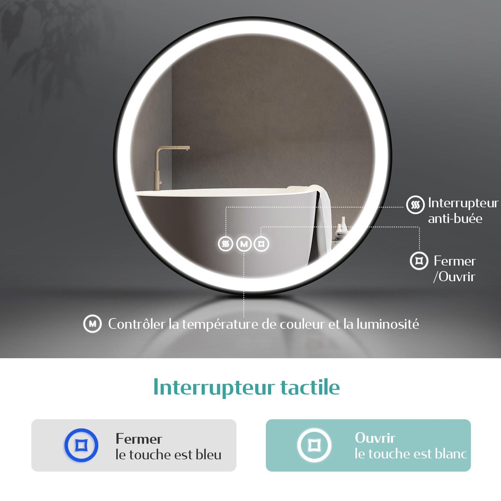 EMKE Miroir lumineux salle de bain rond diamètre 50cm cadre noir, Sangle réglable, Miroir LED, Interrupteur Tactile, Anti-buée, 3 couleurs Lumières - 4