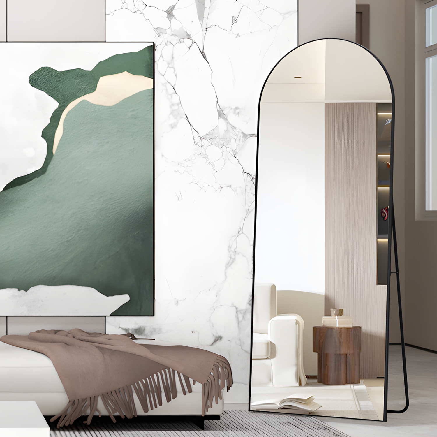 Pełnowymiarowe lustro 150 x 60 cm, lustro stojące z ramą aluminiową, gładkie łukowate lustro stojące, czarne