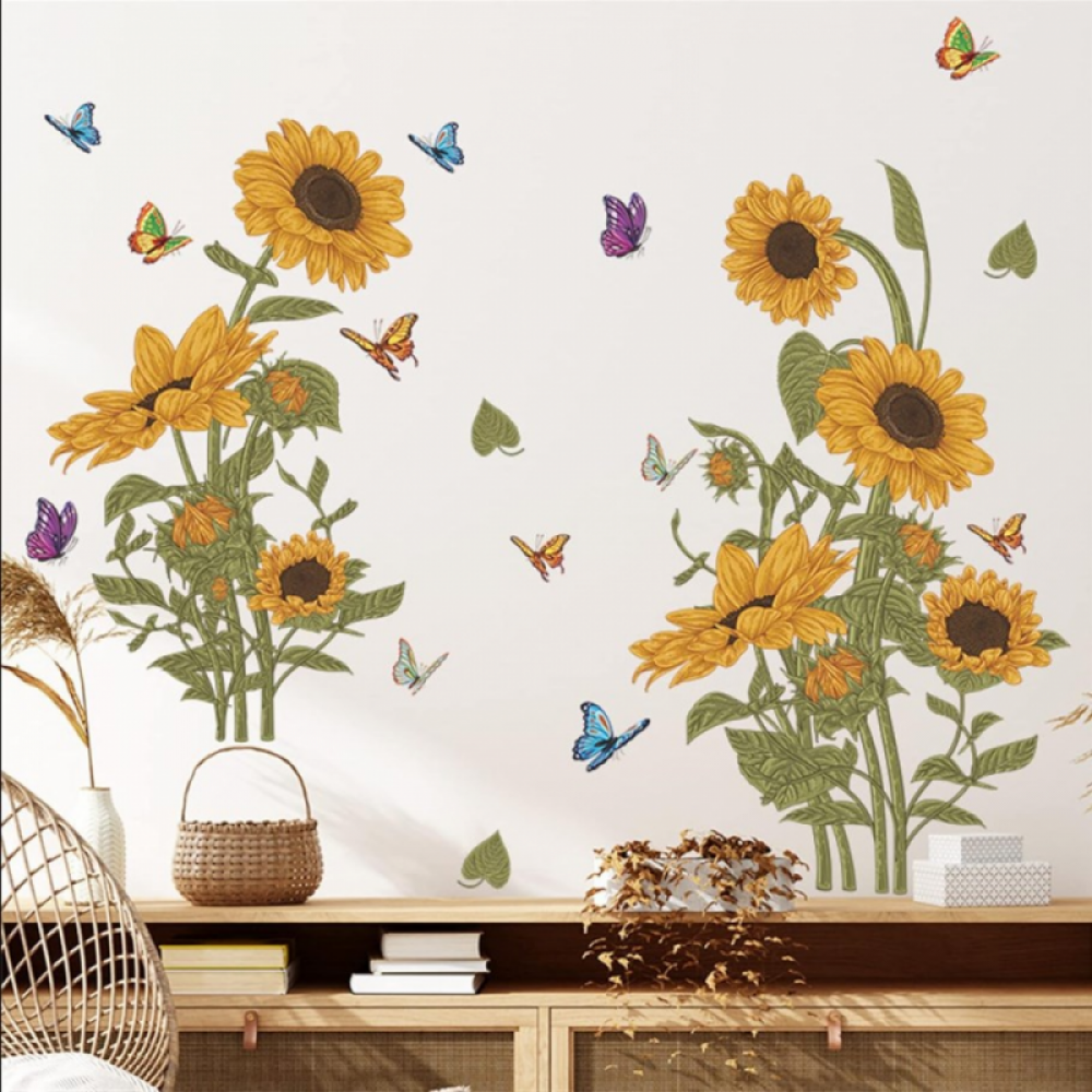Boji Adesivo da parete con girasole, fiori gialli rimovibili, impermeabile, 3D, motivo floreale, farfalla, fai da te, per bambini, camera da letto, soggiorno, decorazione