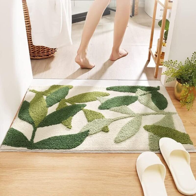 Tapis antidérapant de salle de bain, tapis de salle de bain absorbant l'eau, antidérapant, doux pour la peau, motif de feuilles vertes 40x60 cm - 3