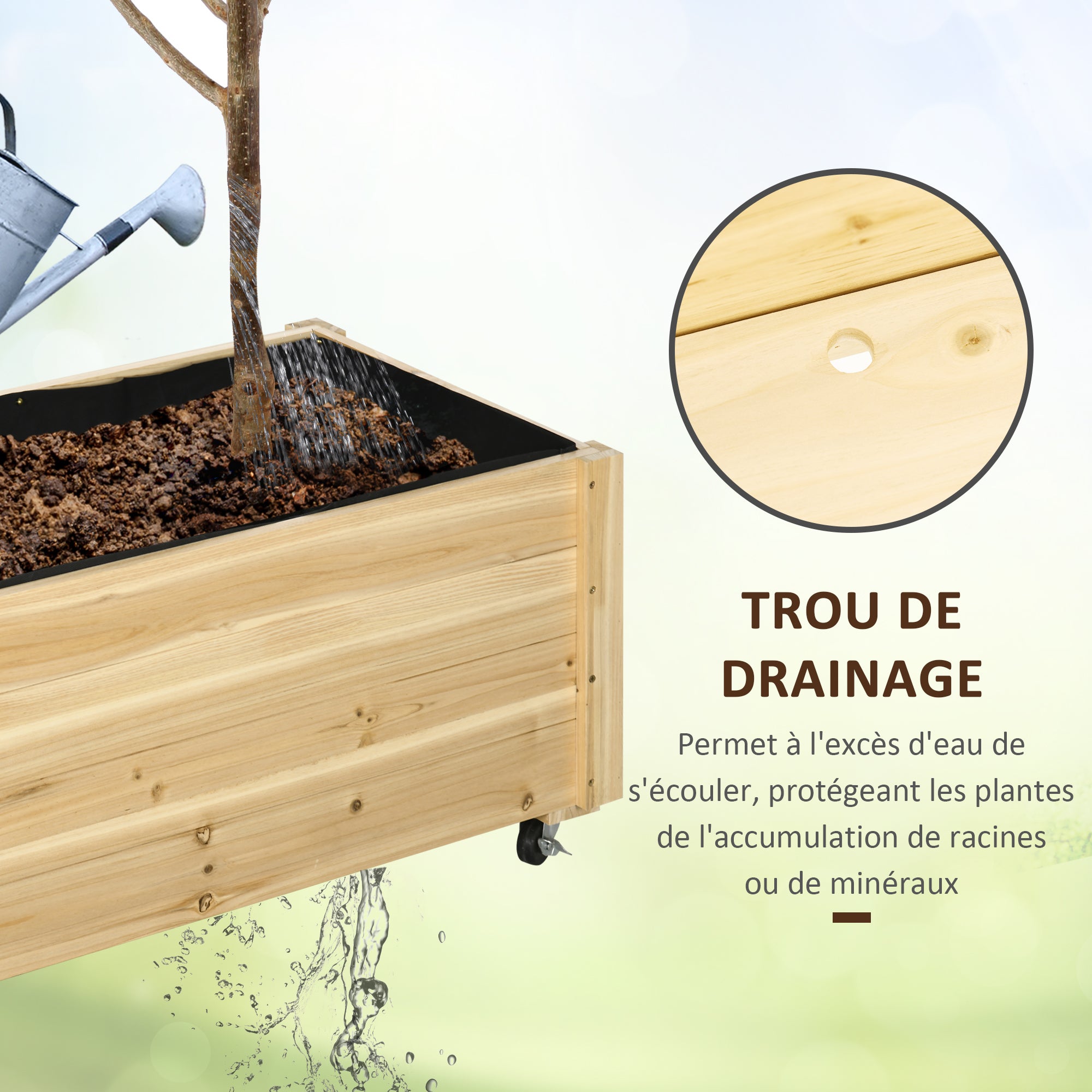 Jardinière sur roulettes inserts d'irrigation, feutre drainage sapin autoclave - 6