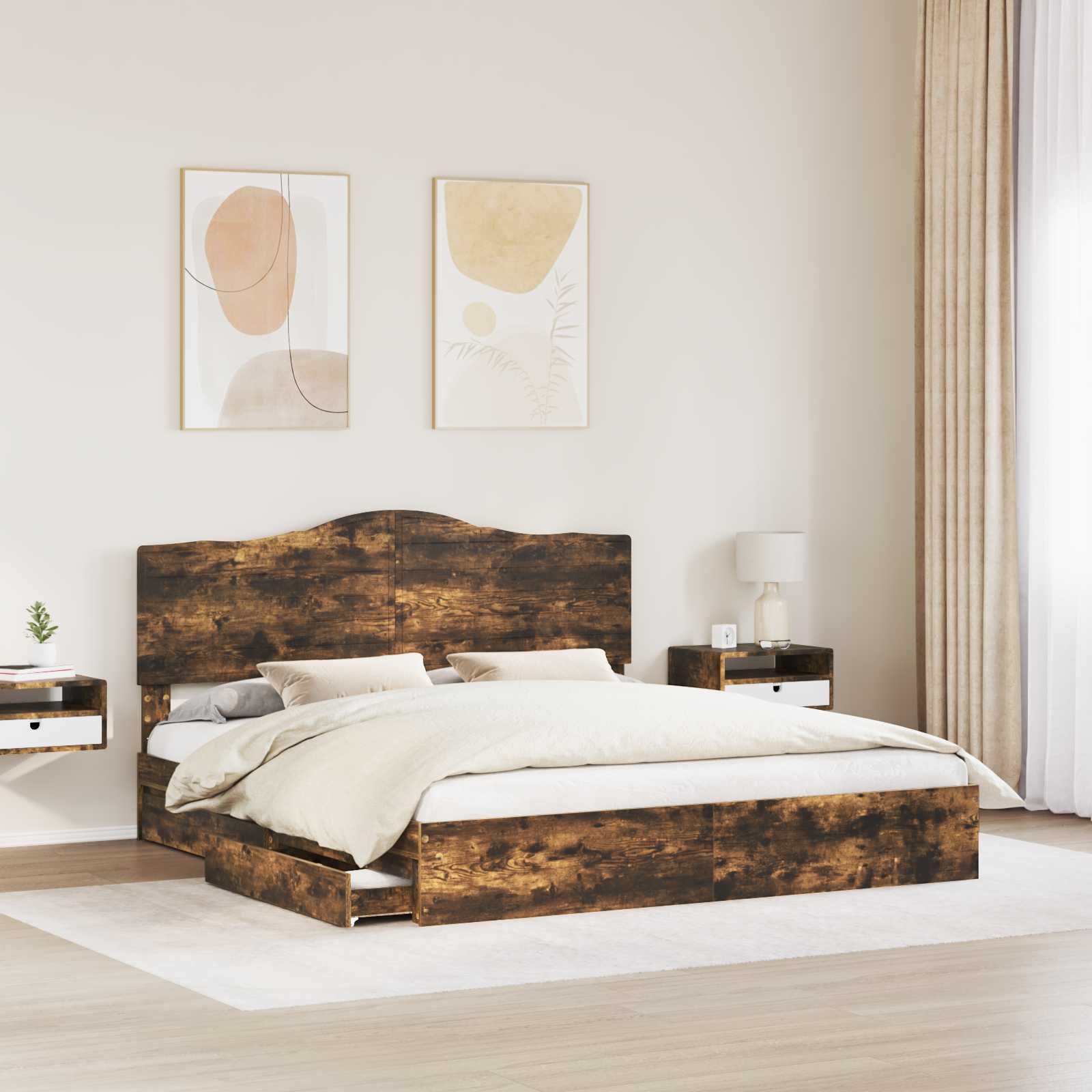 Lit de rangement chêne fumé 180 x 200 cm en panneau de bois - 3