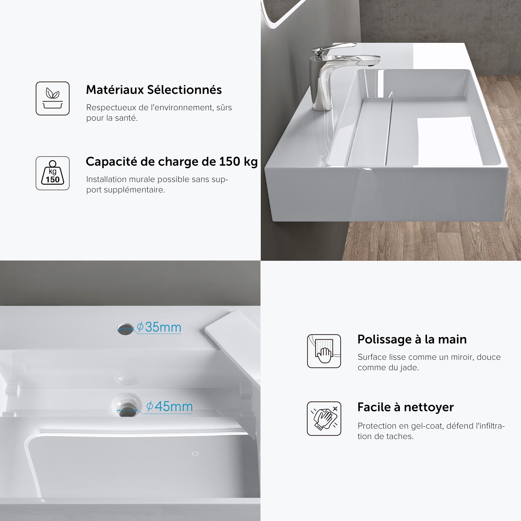 doporro Lavabo Suspendu Blanc 90cm Vasque à Poser Lave Mains Rectangulaire de Qualité pour Salle de Bain 90x48x13cm Colossum12-L - 6