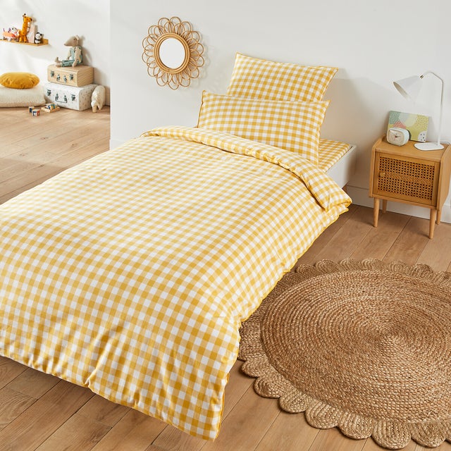 Housse de couette enfant coton, Veldi jaune - Vichy jaune - 200 x 200 cm