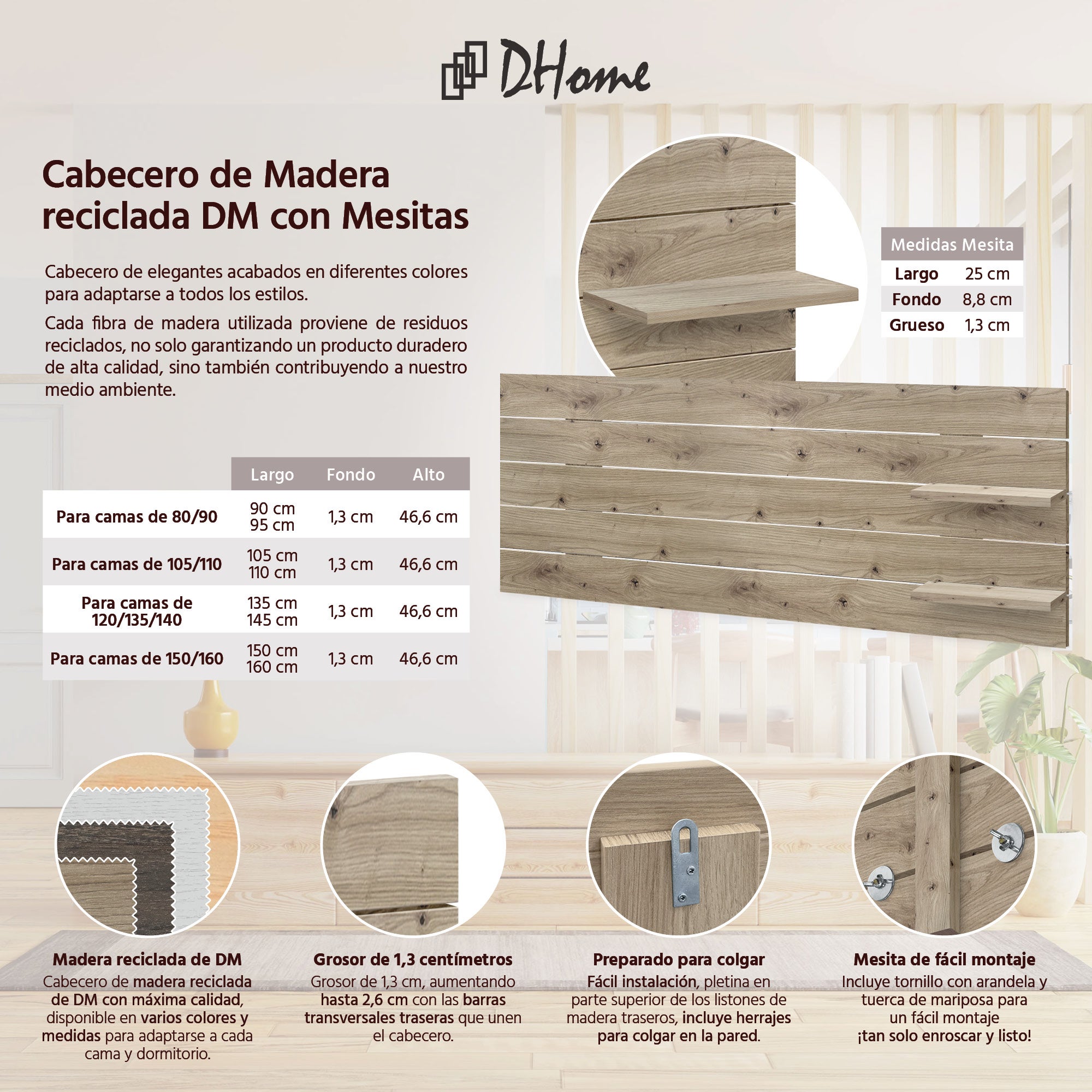 DHOME Testiera con ripiani in legno riciclato DM sospeso a parete in stile pallet orizzontale con gambe Letto (rovere, 145 cm) - 2