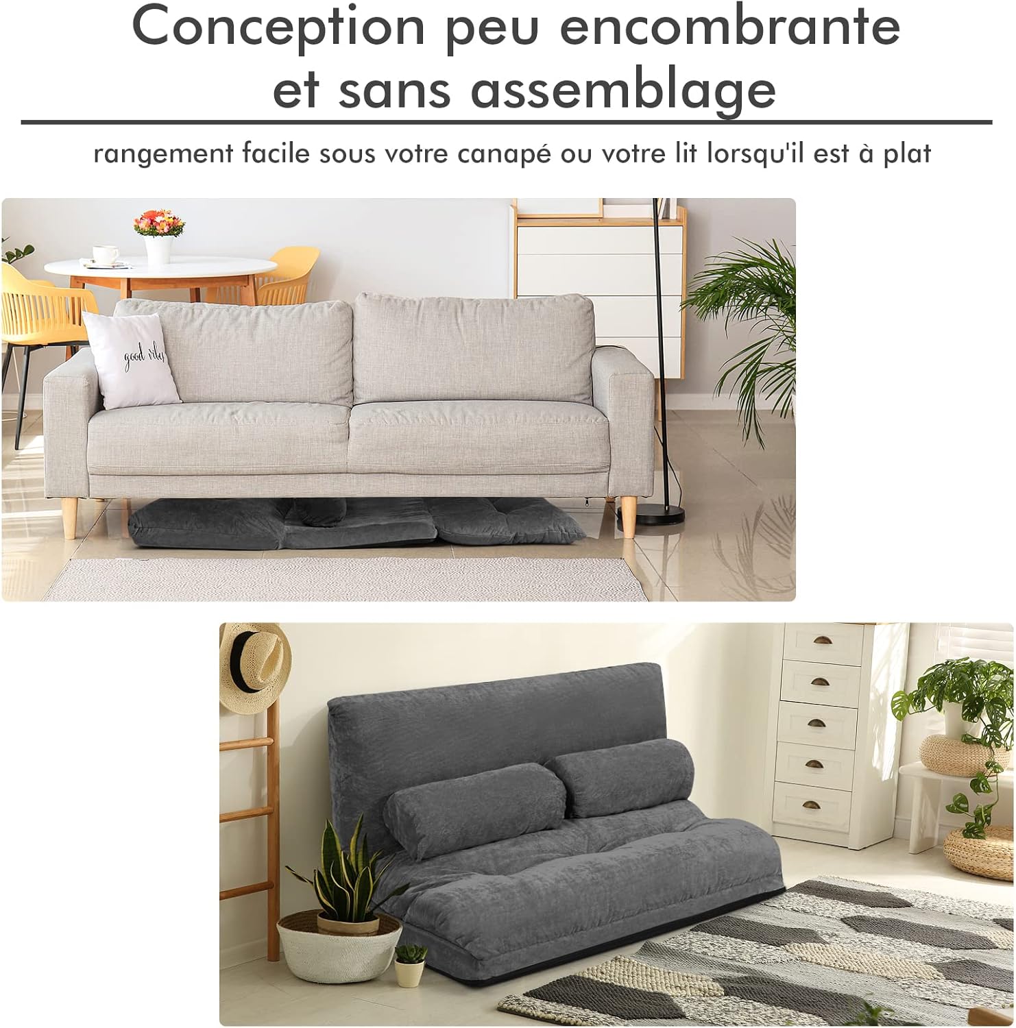 Canapé-lit avec Dossier Inclinable Réglable à 6 Positions, Pliable, pour Salon, Chambre Charge 150KG (156x173x24CM,Gris) - 5