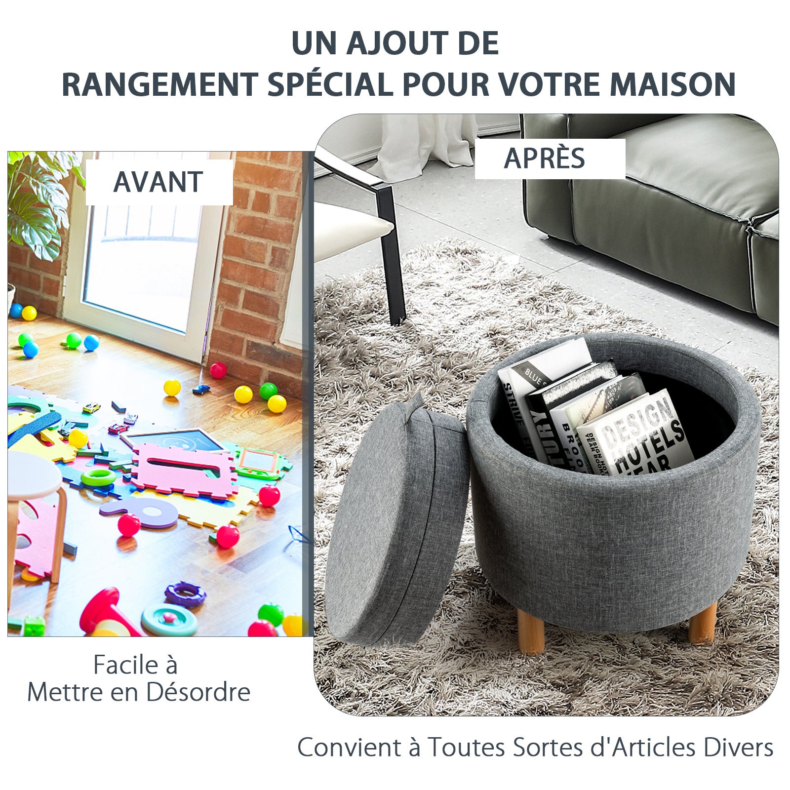 Pouf Rotondo con Contenitore e Vassoio, Poggiapiedi Imbottito con Base in Legno e Piedini Antiscivolo, Tavolino da Caffè per Soggiorno, Camera - 8