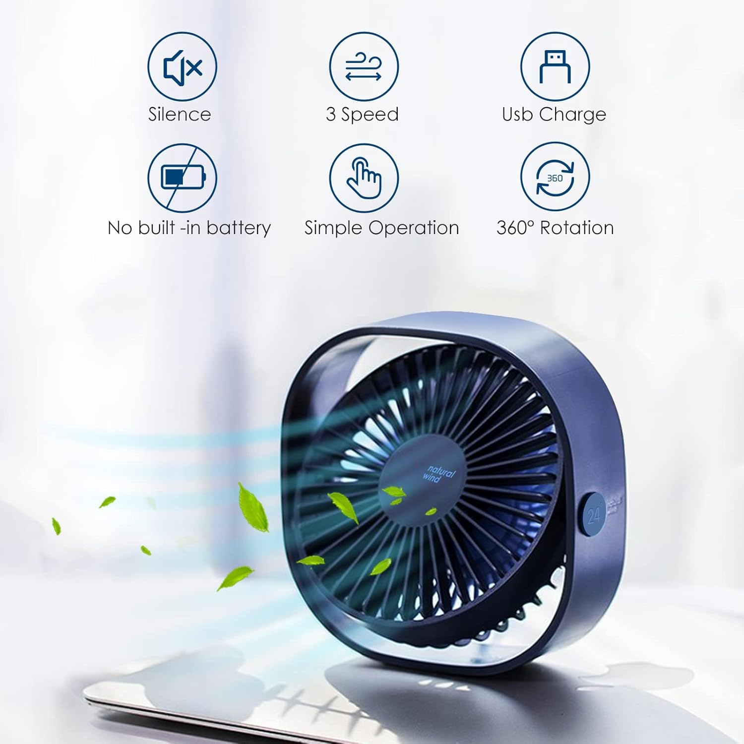 Mini Ventilador de Secretária USB Portátil e Silencioso, 3 Velocidades Ajustáveis, Alimentação via USB, Ideal para Casa e Escritório (Azul) - 2