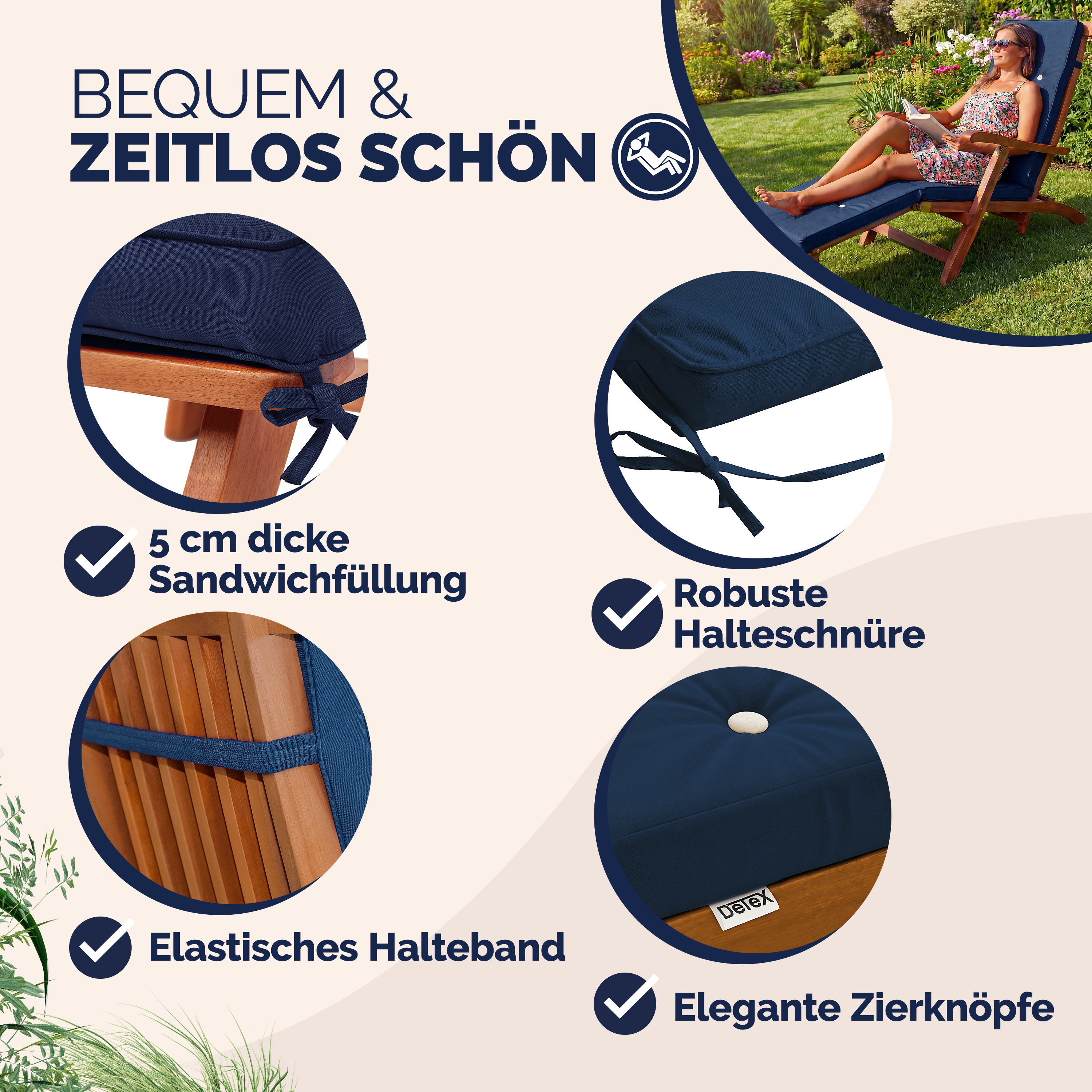 Detex Coussin pour chaise longue bleu pour siège inclinable coussin pour bain de soleil relaxation intérieur extérieur hydrofuge - 6