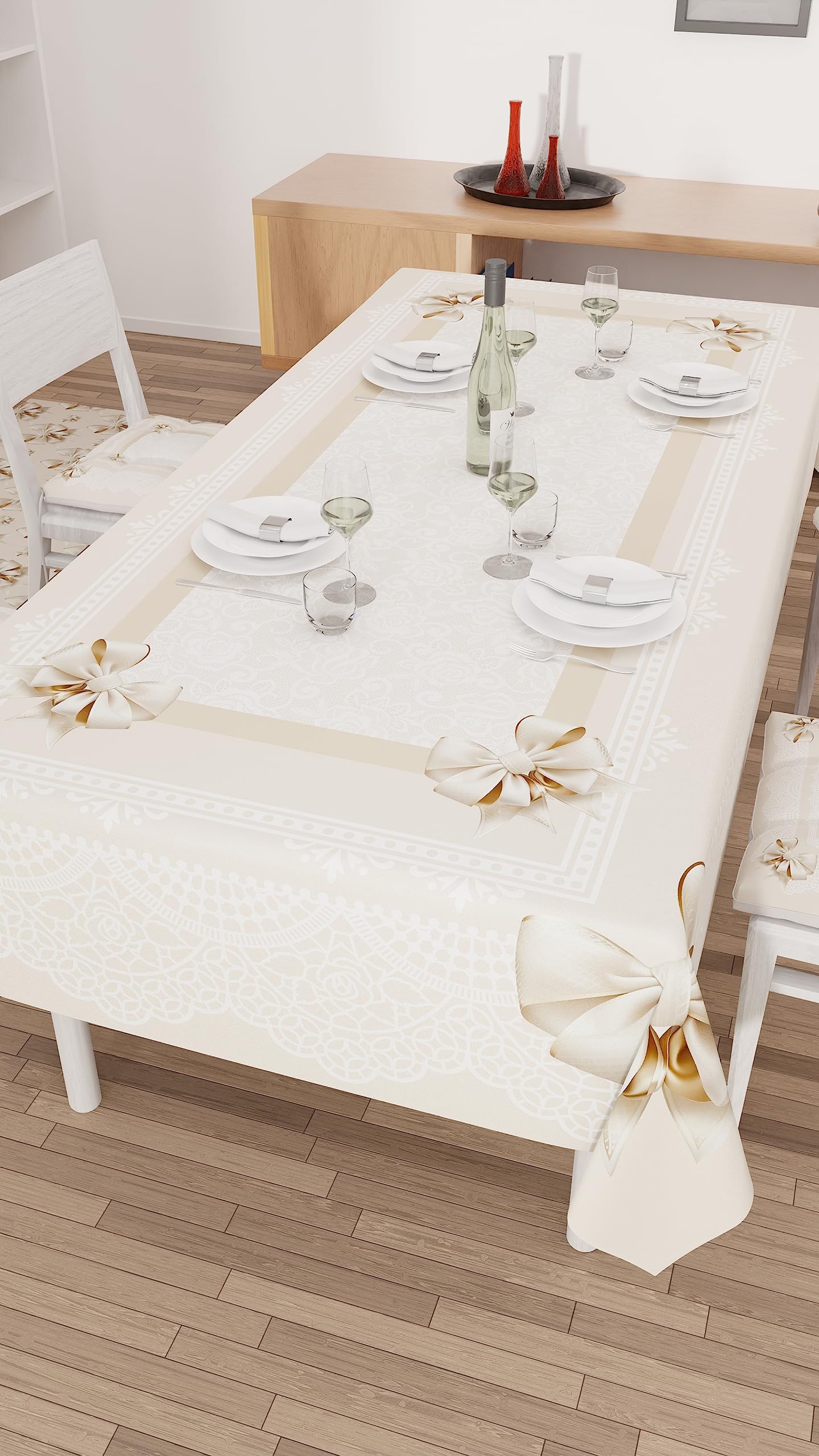 PETTI Artigiani Italiani - Tovaglia Antimacchia Rettangolare Copritavolo Cucina Disegno Fiocco Beige X6 Posti (140x180 cm) 100% Made in Italy - 5