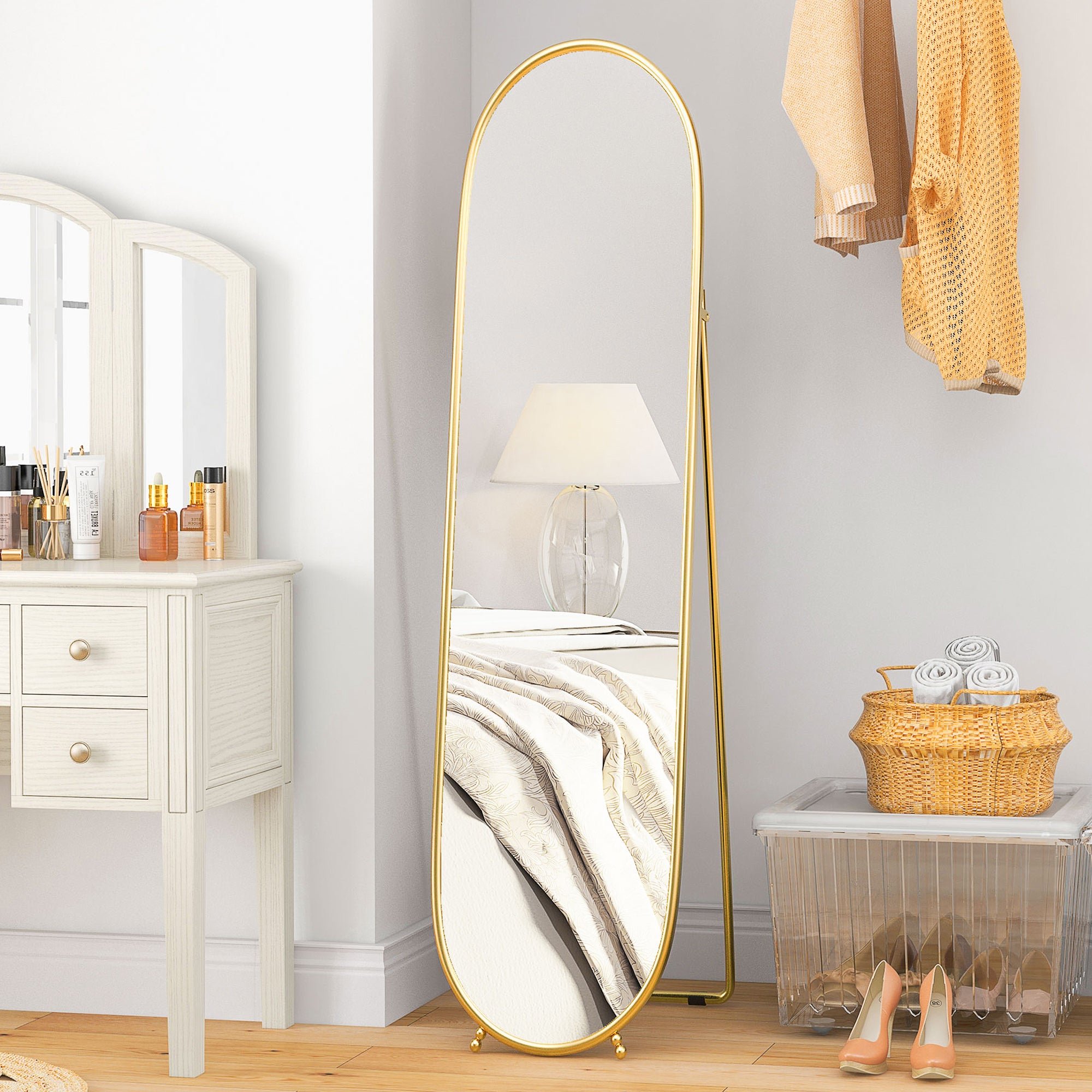 Miroir de sol moderne en pied, or, salon et couloir, pour chambre, MDF et métal, en verre, miroir vertical anti-explosion de 157x36 cm avec cadre - 3