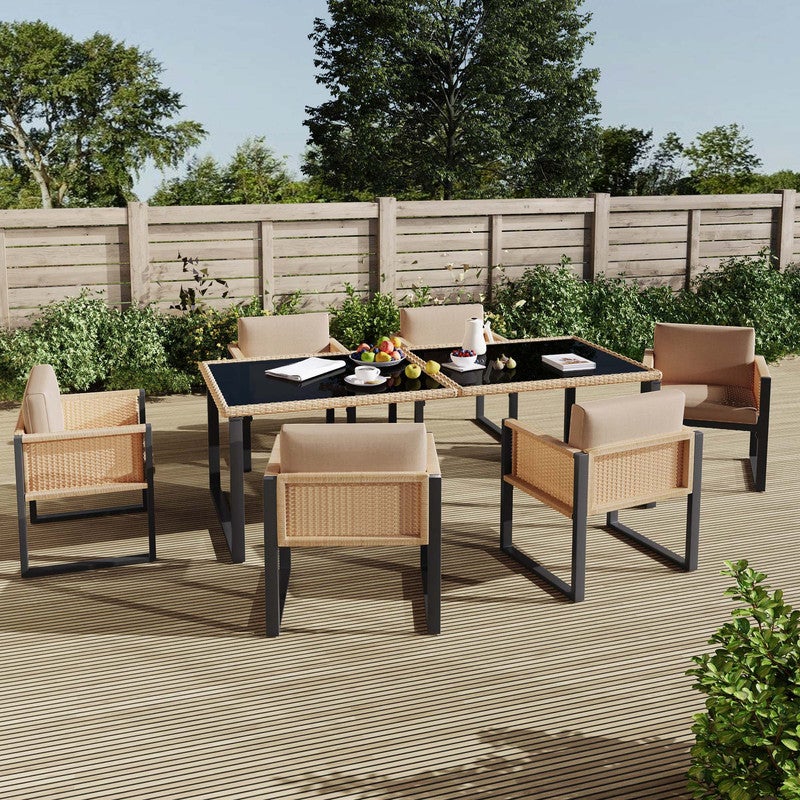 Conjunto Jardin Exterior Ratán 6 Personas, Exterior Terraza O Balcón, Outdoor Furniture, 6 Sillones+1 Mesa, Fundas De Tela Extraíbles Y Lavables - 6
