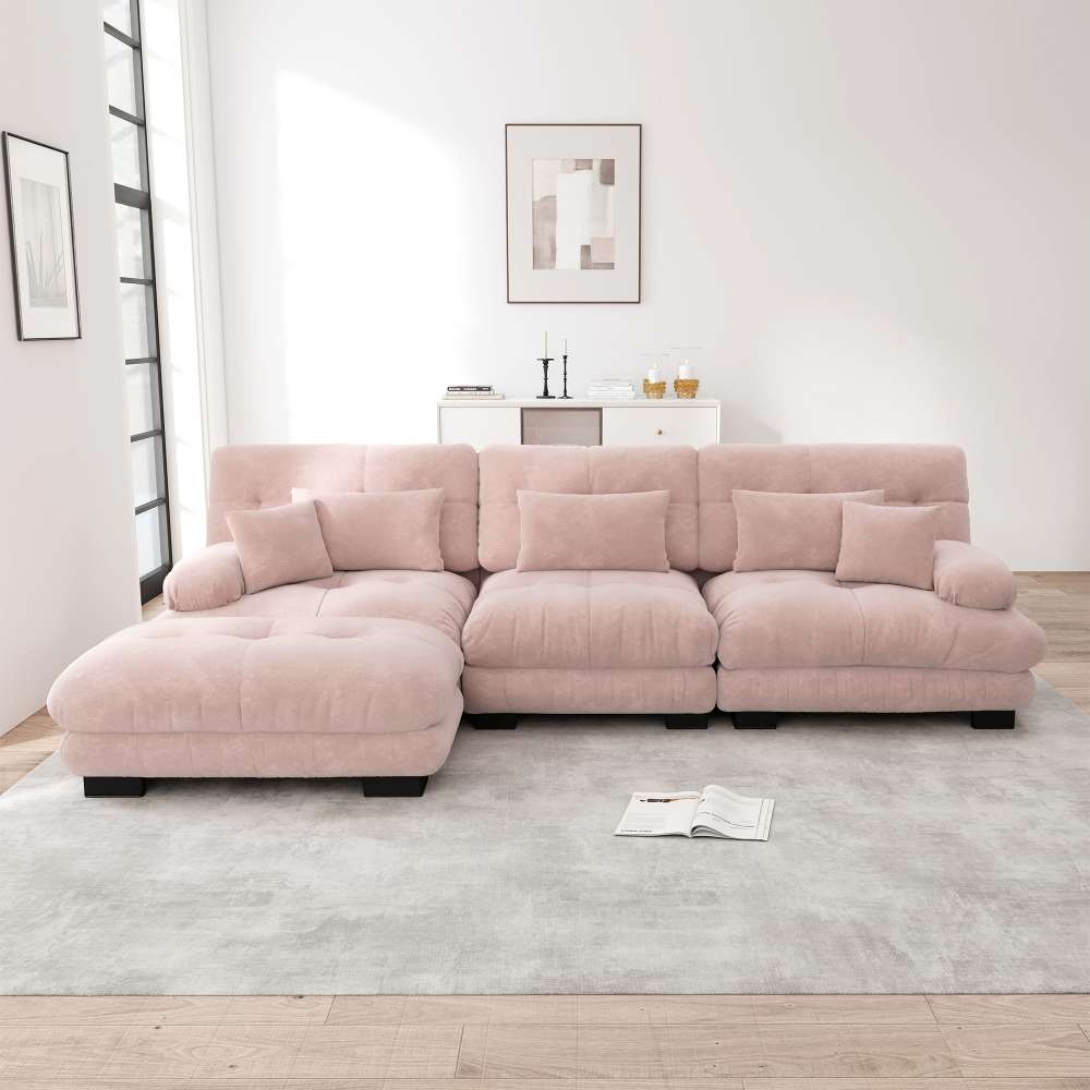 Luksusowa, modułowa sofa narożna w kształcie litery L z pufem, miękka i wygodna tkanina Chenille, głębokie siedzisko w stylu Cloud