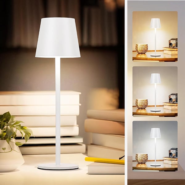 Lampe de table sans fil, lampe de bureau à batterie rechargeable, gradation continue 3 couleurs, lampe pour chambre/camping (blanc)