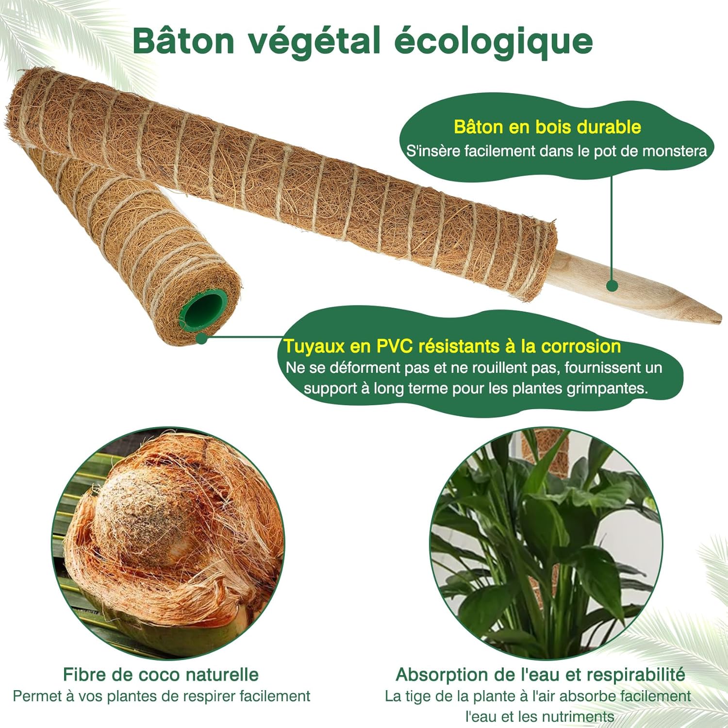Lot de 4 Tuteurs pour Monstera–40cm(Extensibles jusqu'à 193 cm)–En Fibre de Coco–Support Modulable pour Plantes Grimpantes–Idéal pour Monstera - 4