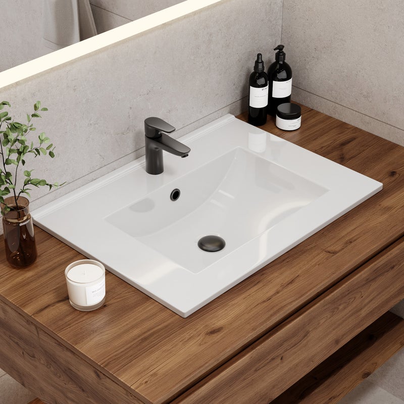 Wbudowana umywalka ceramiczna, szafka pod umywalkę, 60 cm, biała, prostokątna umywalka ceramiczna z przelewem, odpowiednia do łazienek gościnnych