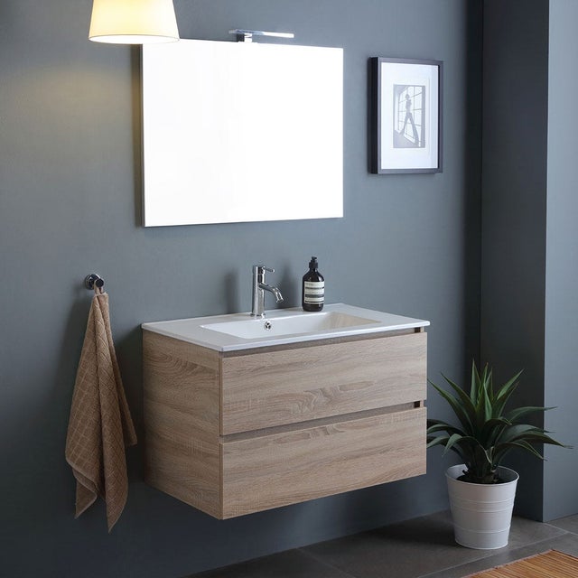 Meuble de salle de bains mural 90cm chêne naturel tiroirs, lavabo, miroir | Berlin