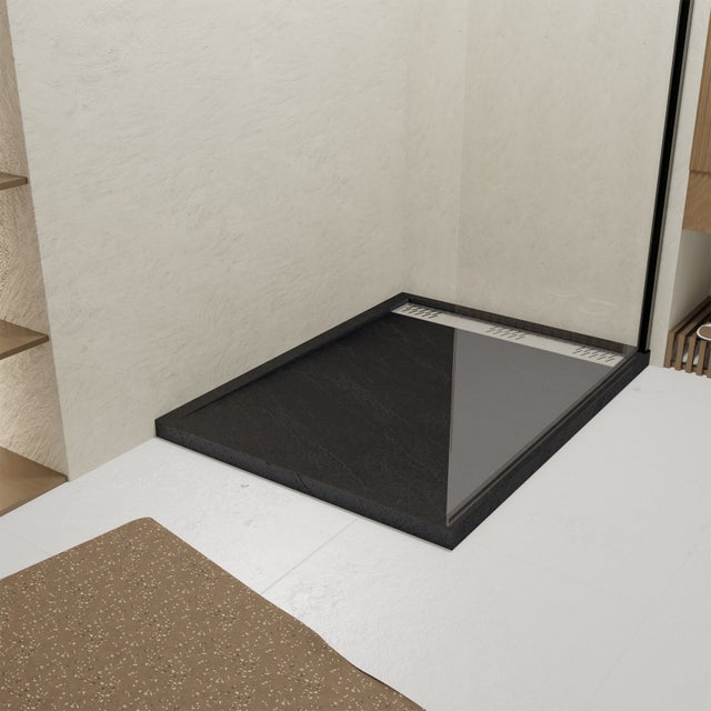 Receveur en acrylique Noir Effet Pierre 90x120x4 cm - Grille Linéaire Chrome - METEORA