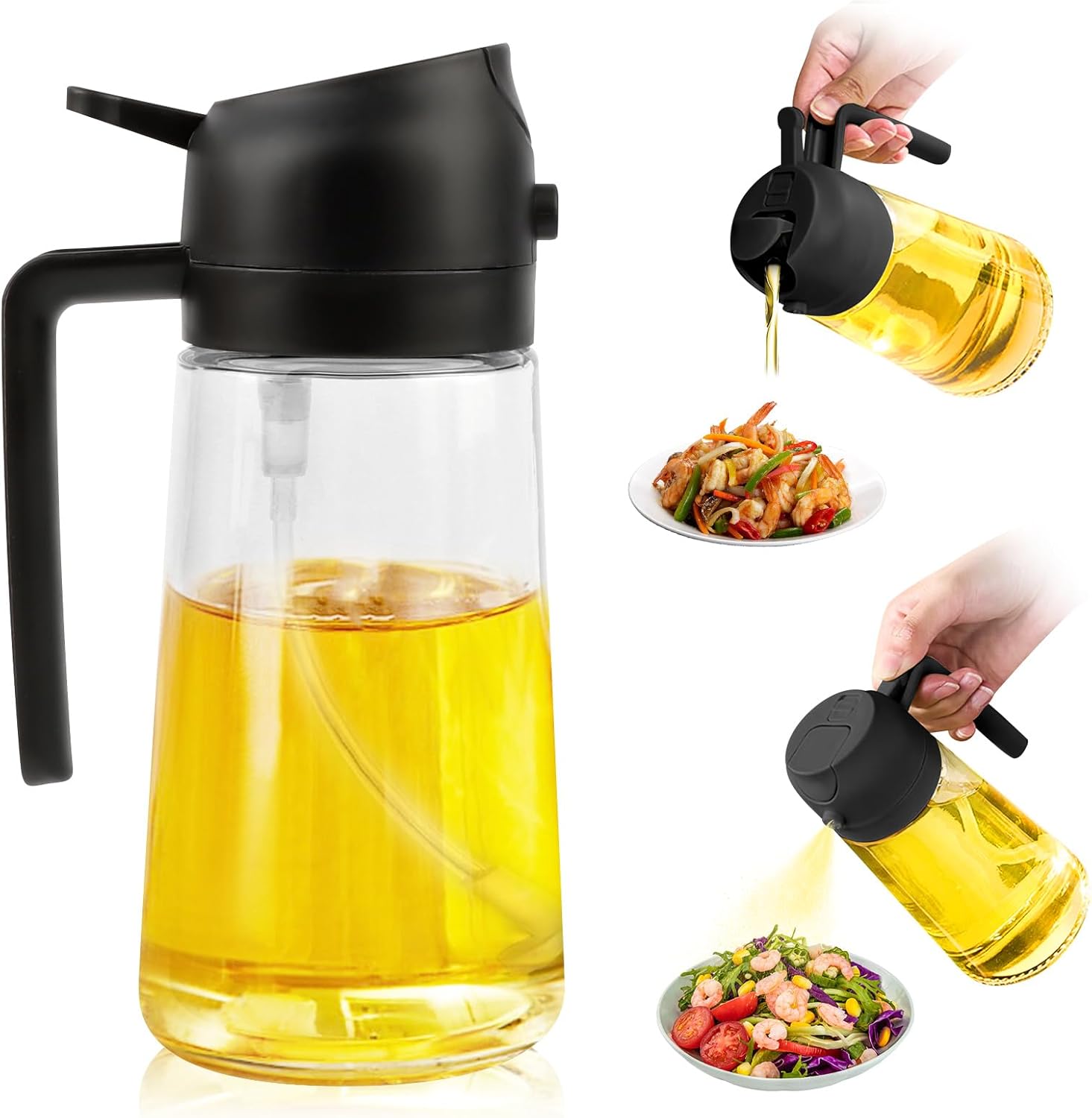 Erogatore E Spruzzatore Per Olio 2 In 1 – Bottiglia In Vetro Da 470 Ml, Anti-perdite, Per Friggere, Insalate E Grigliate (Nero)