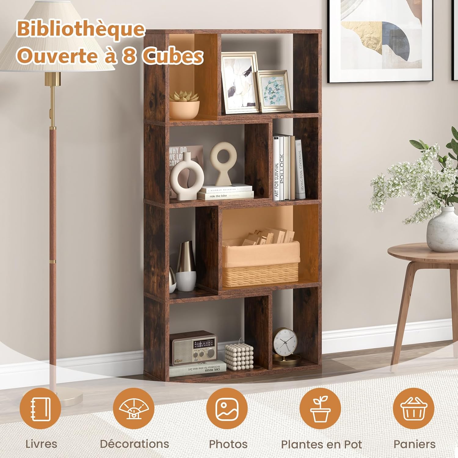 Bibliothèque Géométrique en Bois | 60x20x120cm | Étagère Ouverte avec 8 Cubes | pour Chambre à Coucher, Salon | Café - 4