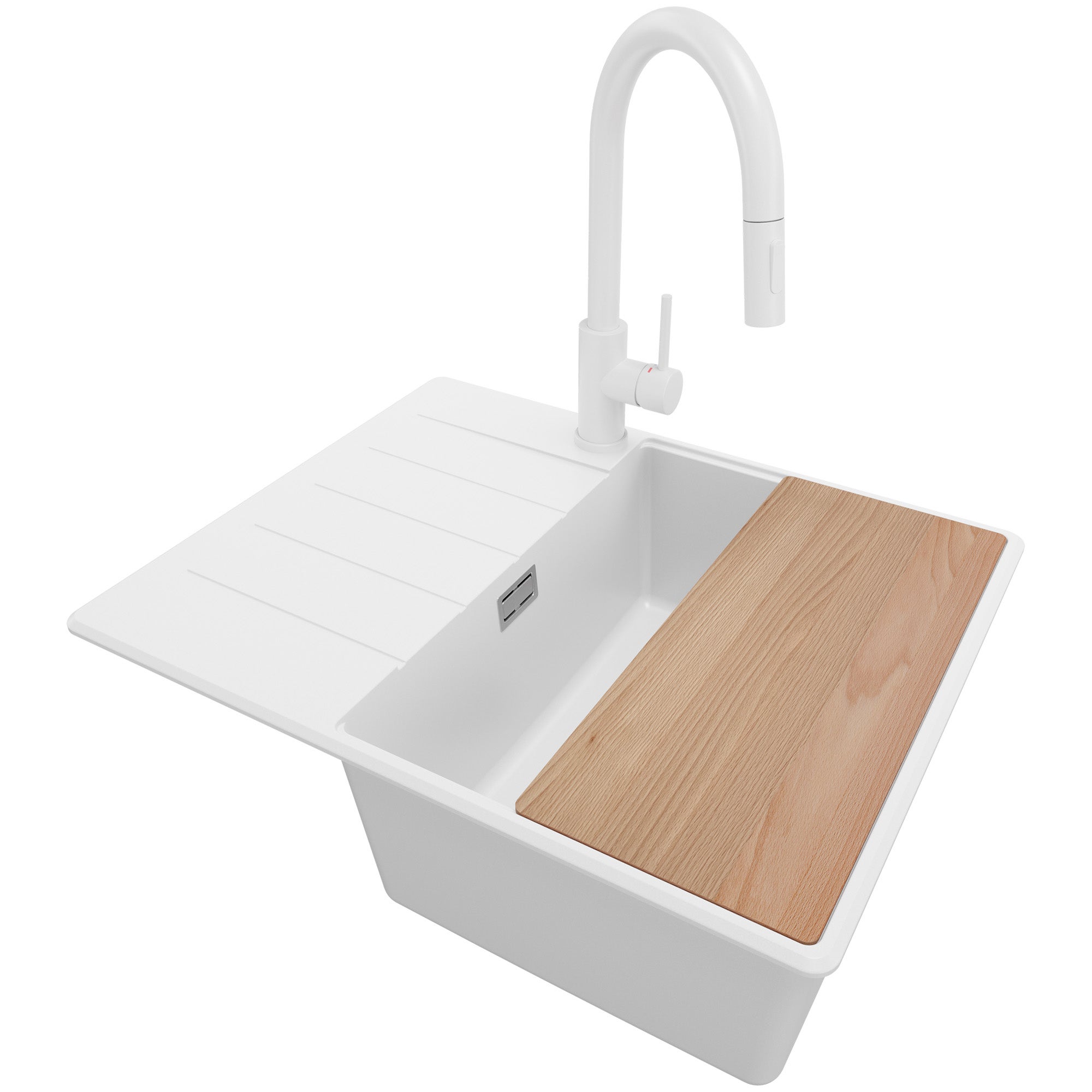 Zlewozmywak Granitowy Biały 62x50cm, Zlew Kuchenny 1 Komorowy + Bateria 40x20cm + Syfon + Deska, Nablatowy do szafki od 45cm - Kopenhaga PRIMAGRAN