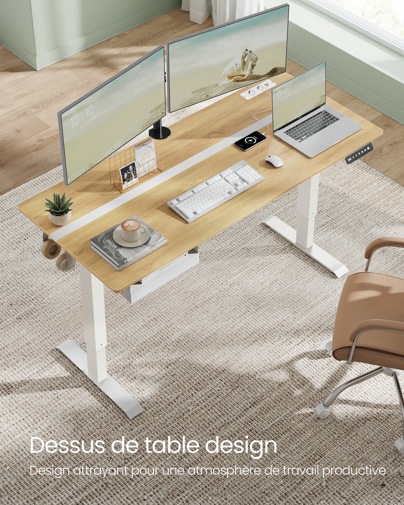 Bureau Électrique Réglable en Hauteur, Multiprise, Tiroir, 70 x 160 cm, Réglable en Continu, Couleur Chêne Naturel et Blanc Nuage - 4
