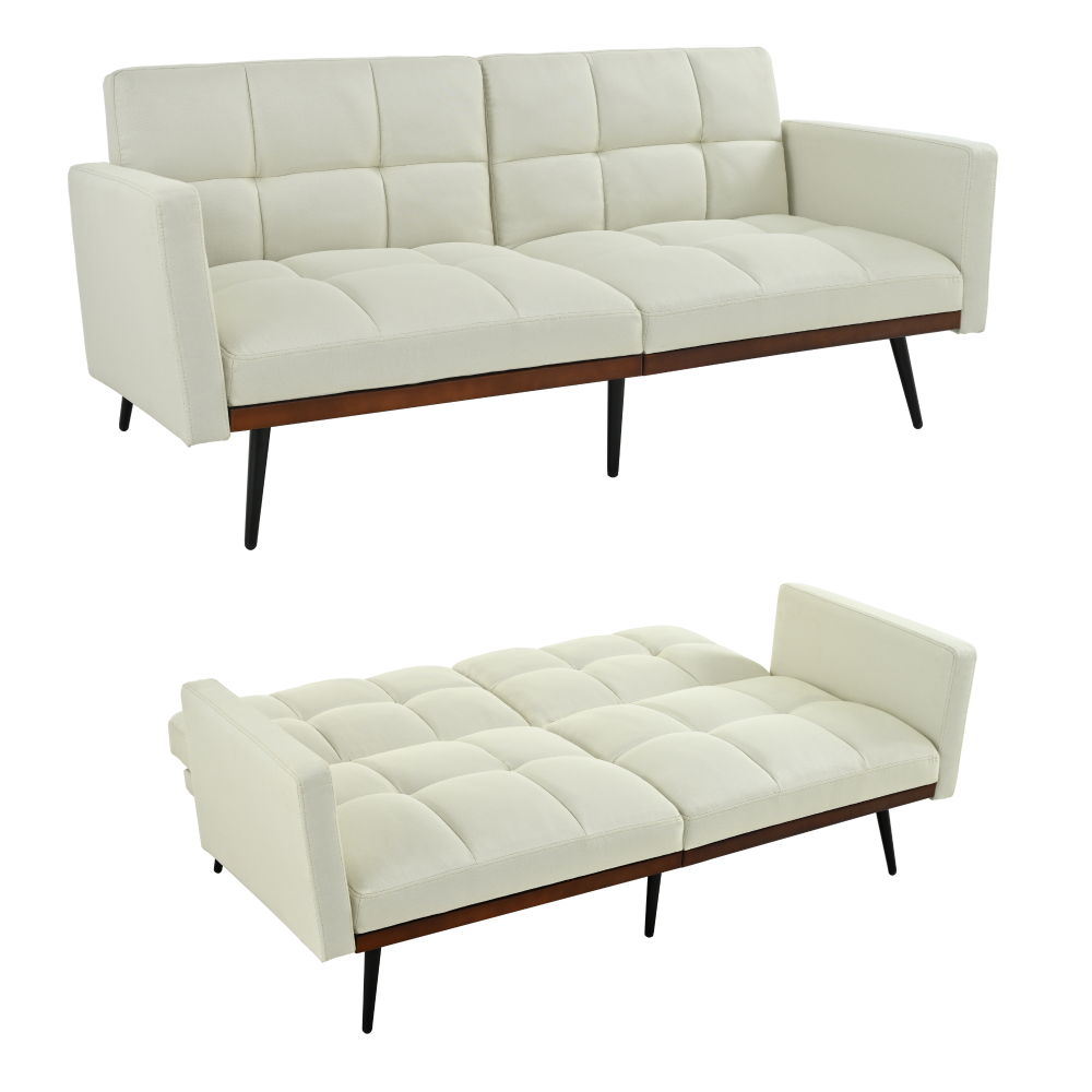 Futon, Mid-Century, Leinen-Mix, 146cm, 5-fach verstellbar, Metallbeine, beige