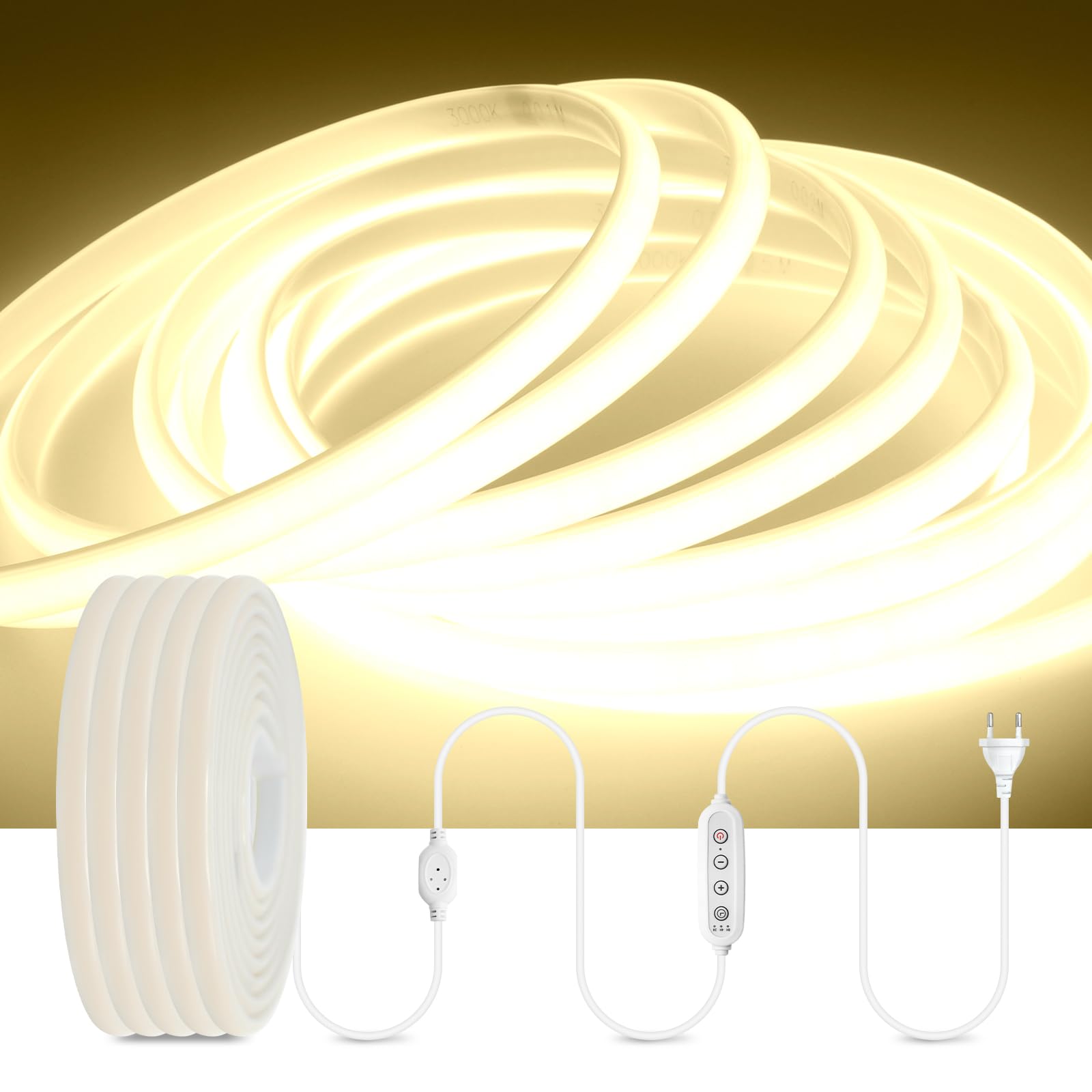 Ruban LED COB Néon Dimmable Natural White 5M, 230V 288 LED/m, Minuterie ...
