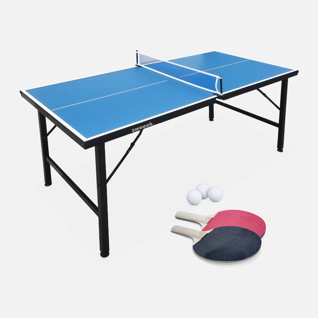 Mini mesa de ping pong dobrável interna com 2 raquetes e 3 bolas, 150 cm, Mini mesa de ping pong interior, Azul, 150x75x68 cm