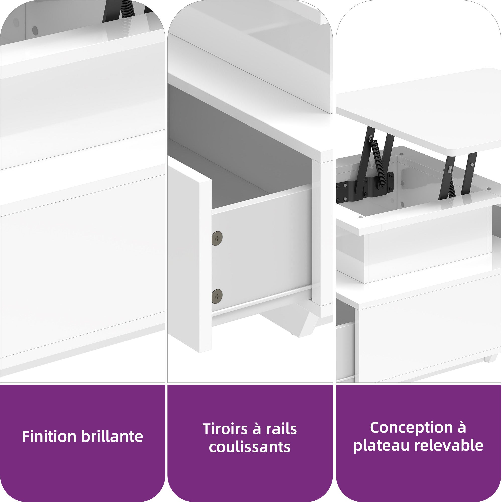 Balconera Table basse avec plateau relevable, 60 x 60 x 45 cm, finition laquée brillante, guirlande lumineuse LED et 2 tiroirs - 4