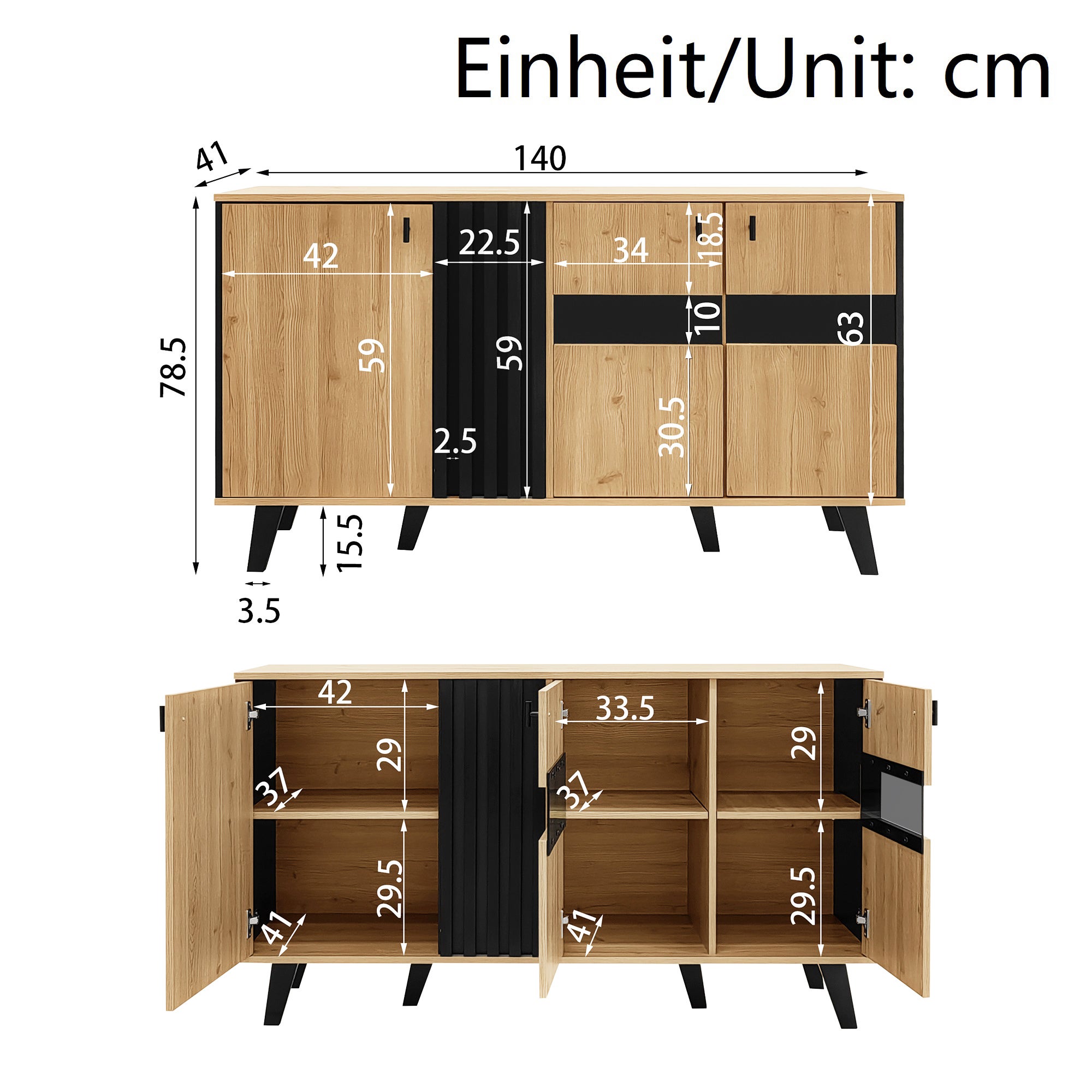 Komoda niska z 3 drzwiami - 140 x 78,5 x 41 cm - Szkło i płyta wiórowa - Diody LED - Naturalny - 5