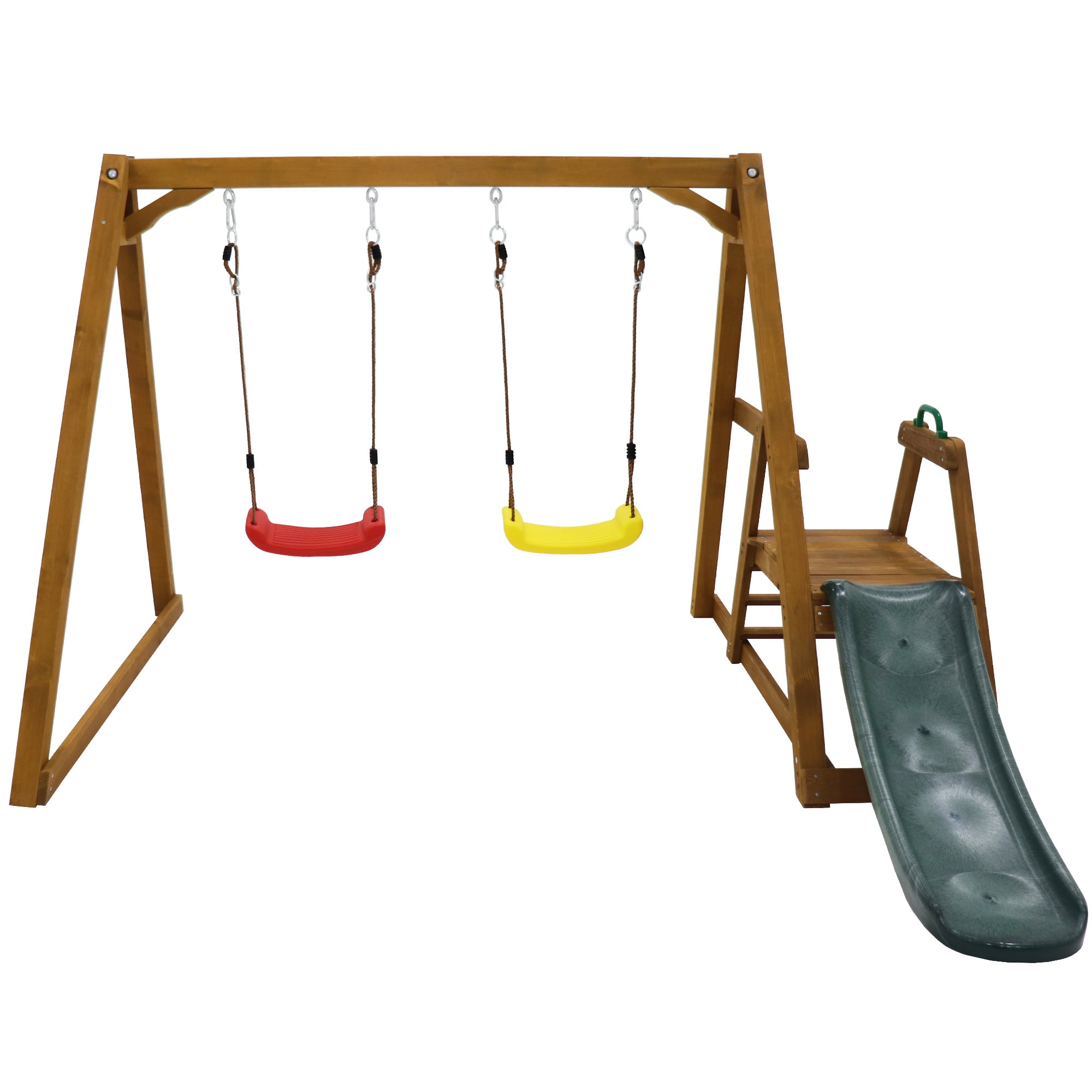 Balançoire double pour enfants avec toboggan + échelle | Structure en bois massif d'extérieur | 238x240x168 cm - 5