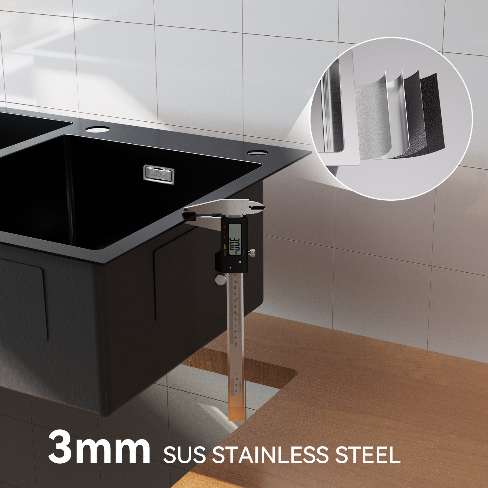 AuraLum Max Évier à Encastré/à Poser 2 Bacs avec Distrubuteur de savon/Ensemble de drainage,Évier 75x45x19cm Inoxydable pour Cuisine,Noir,EU Modèle - 6